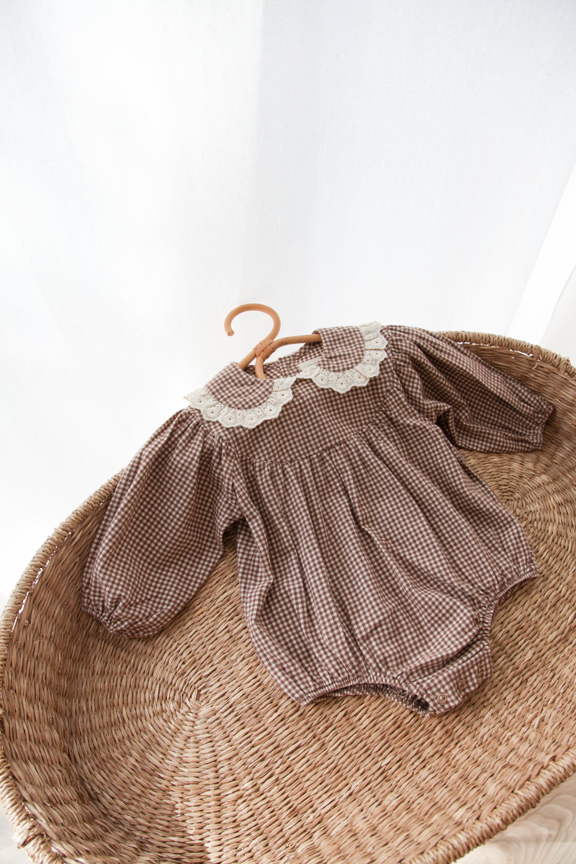 WHOLESALE Brown/Gingham Frill Collar Romper