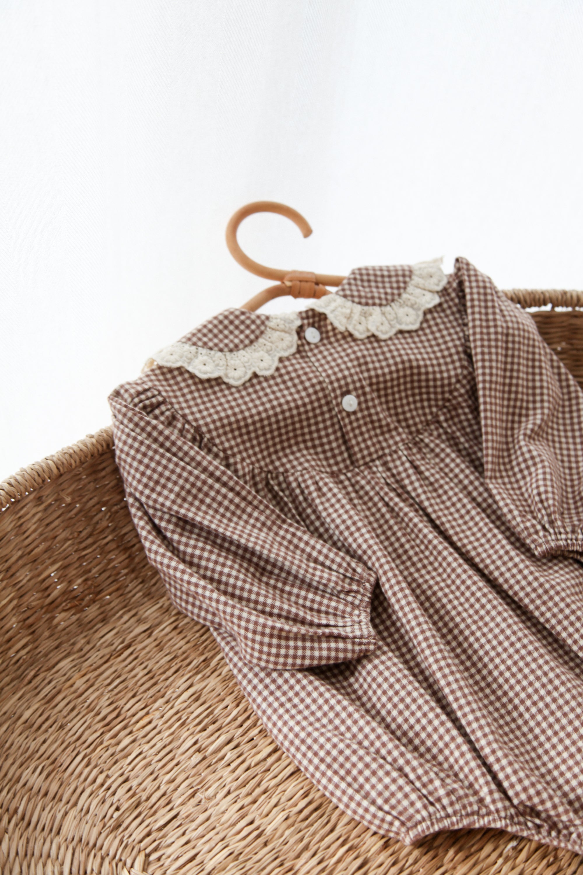 WHOLESALE Brown/Gingham Frill Collar Romper