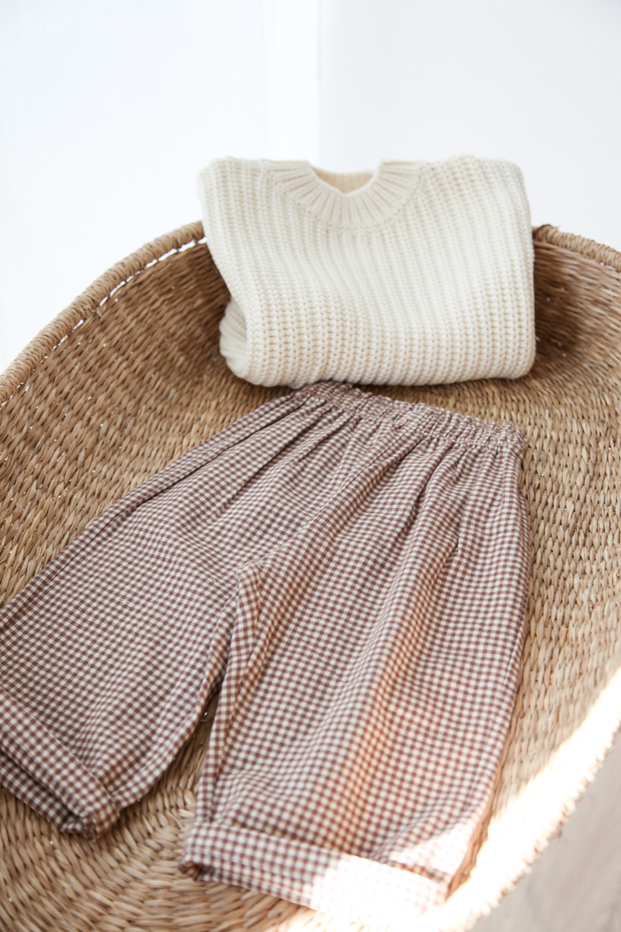 Brown/Gingham Brushed Cotton Wide Leg Trousers
