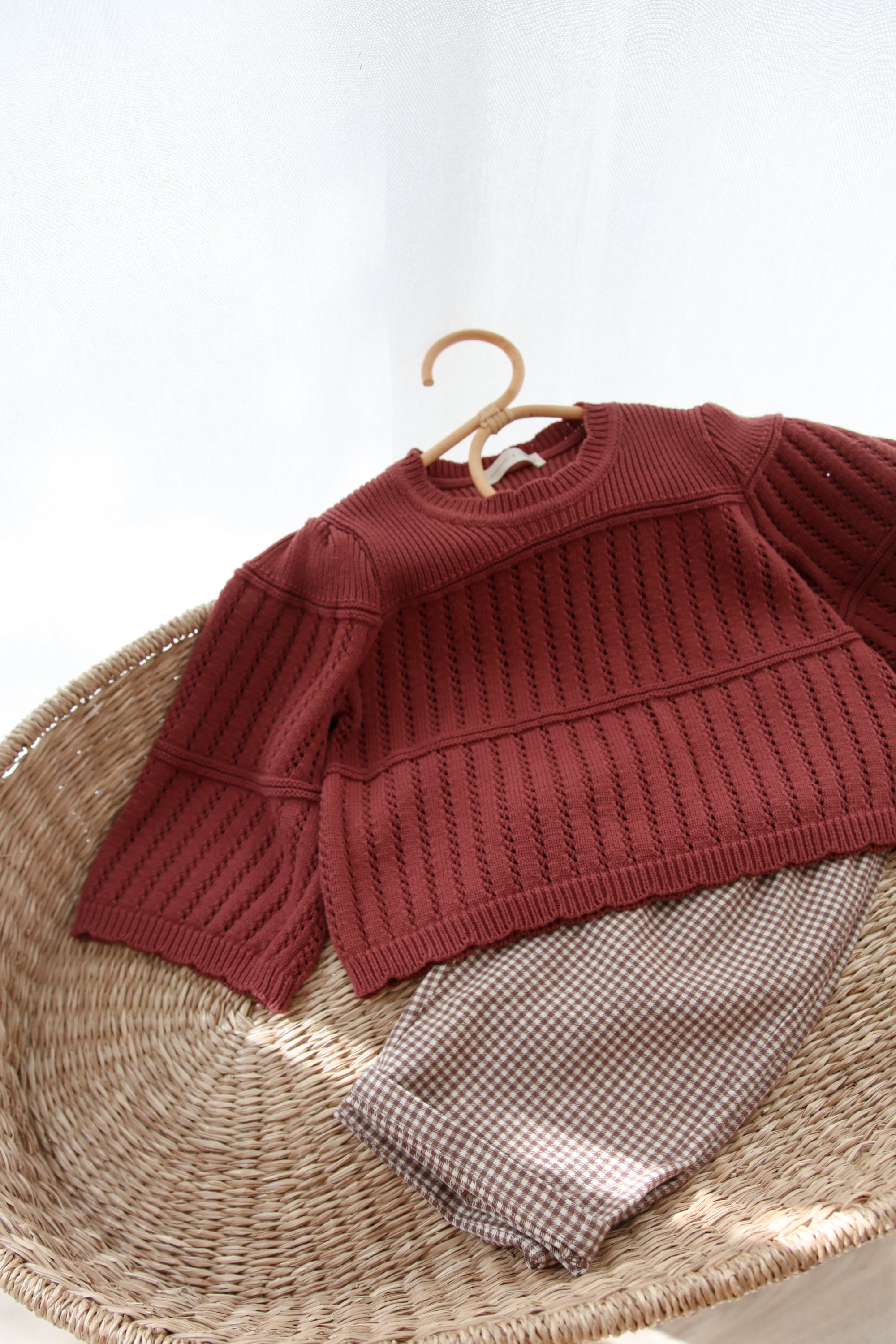 Dusky/Berry Cotton Flare Sleeve Openwork Knit Jumper