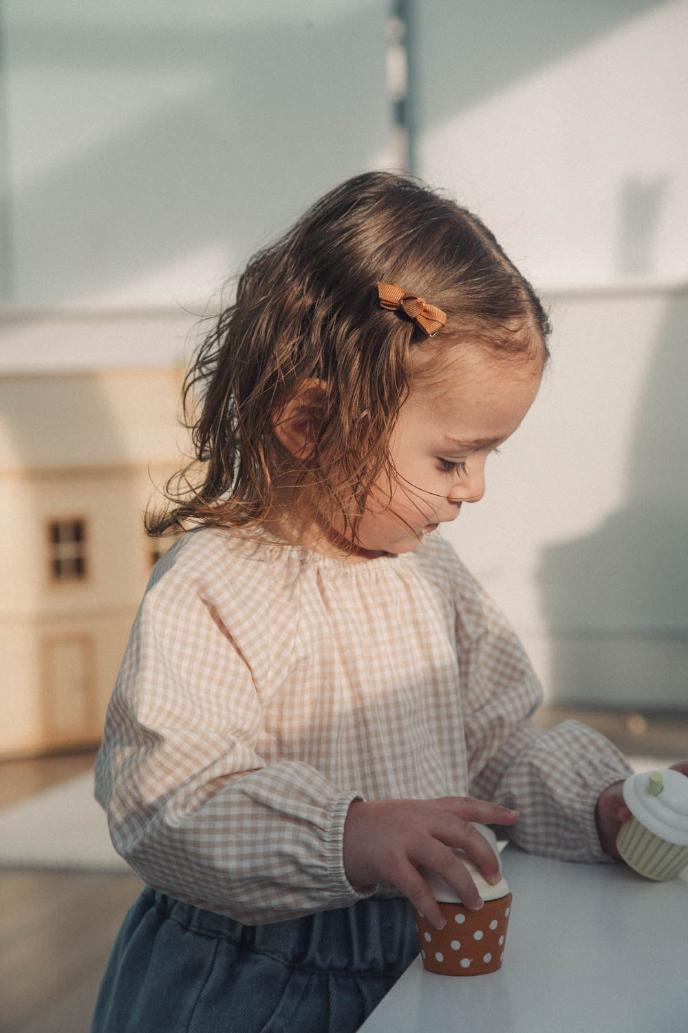 Beige/Gingham Long Sleeve Oversized Romper