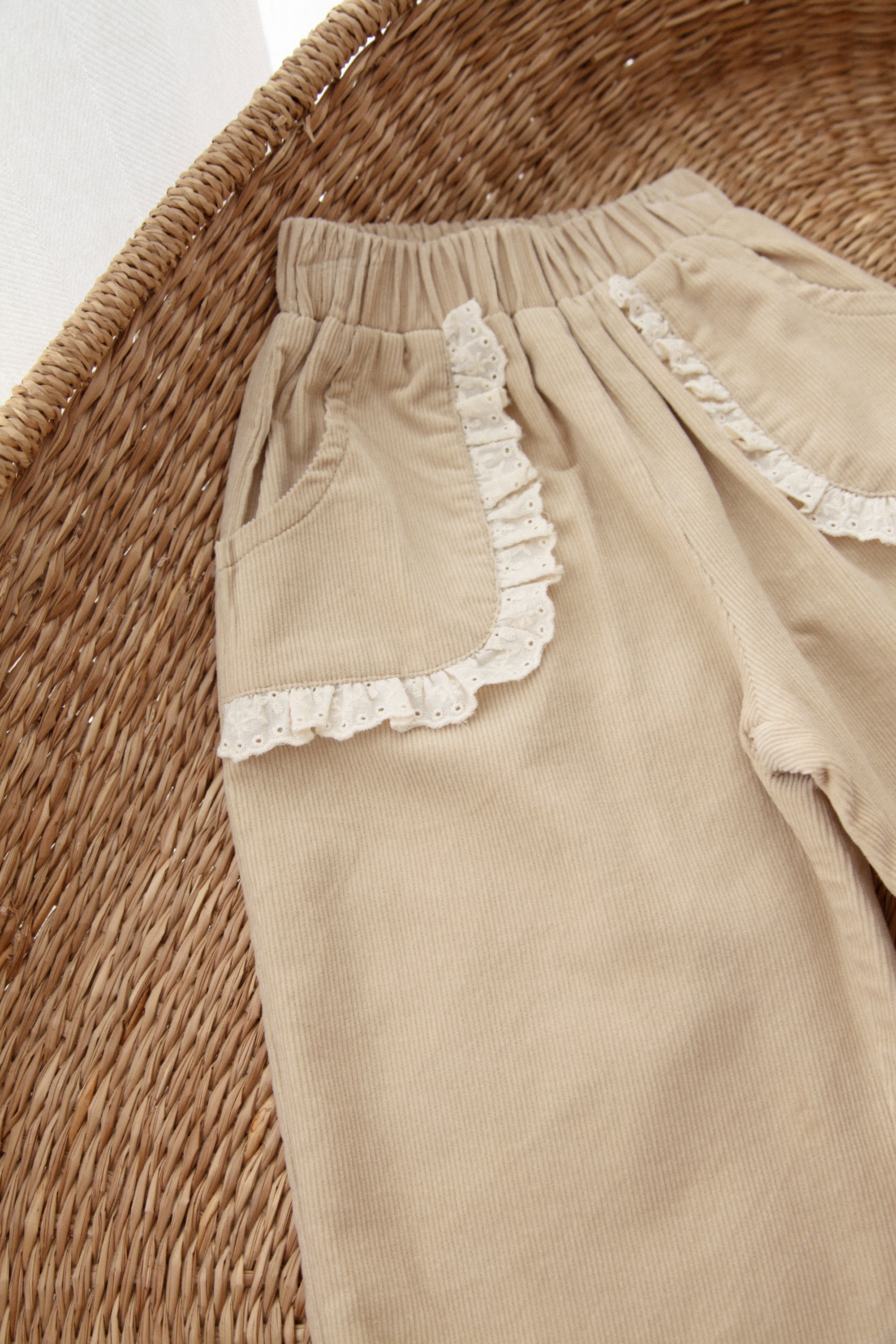 Beige/Cord Frill Pocket Wide Leg Trousers