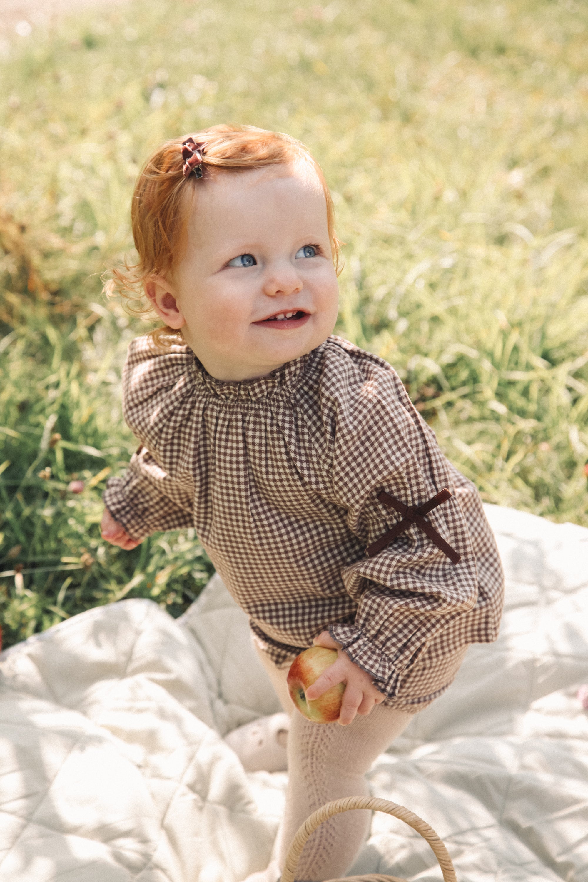 Brown/Gingham Bow Sleeve Blouse & Bloomer Set