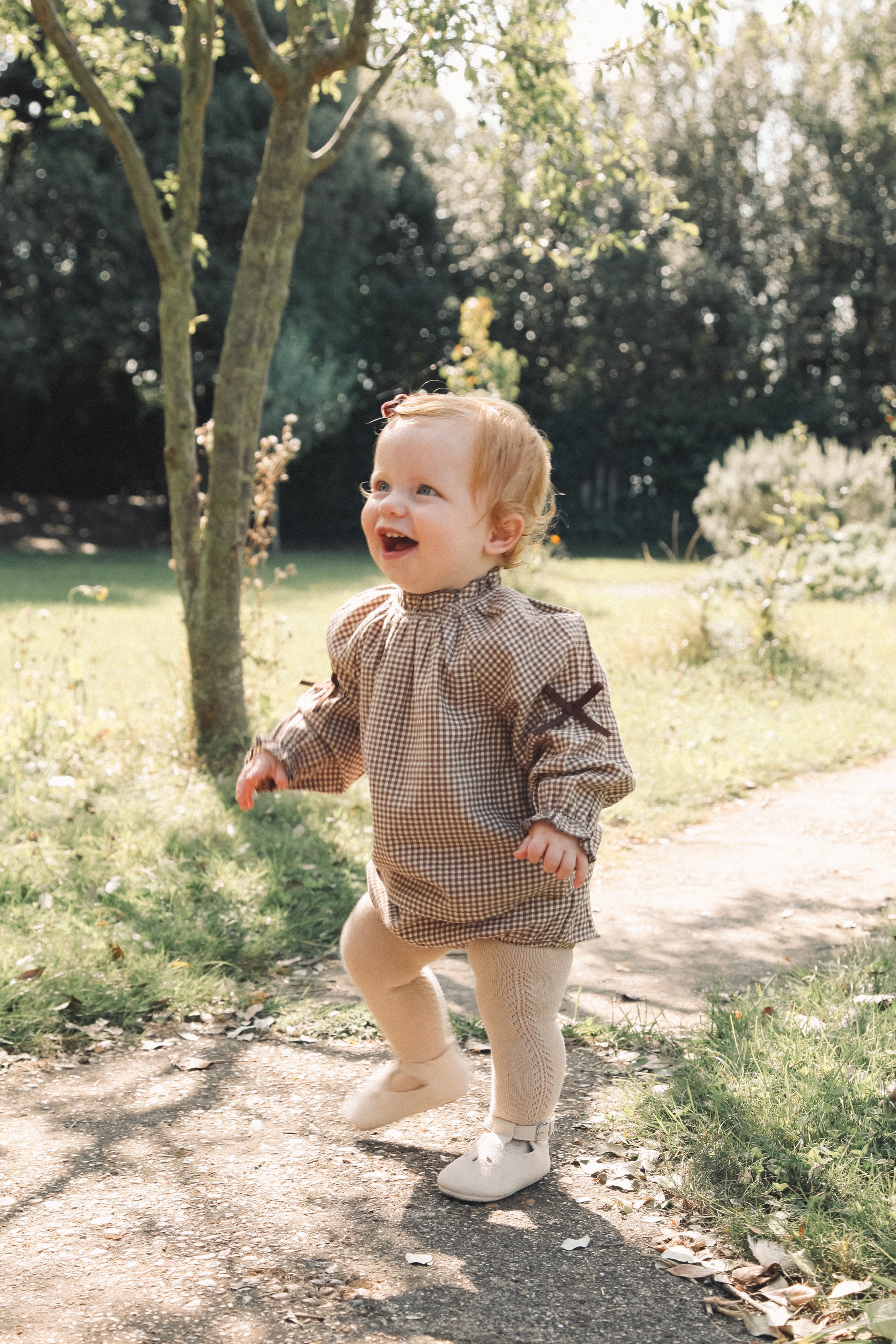 Brown/Gingham Bow Sleeve Blouse & Bloomer Set