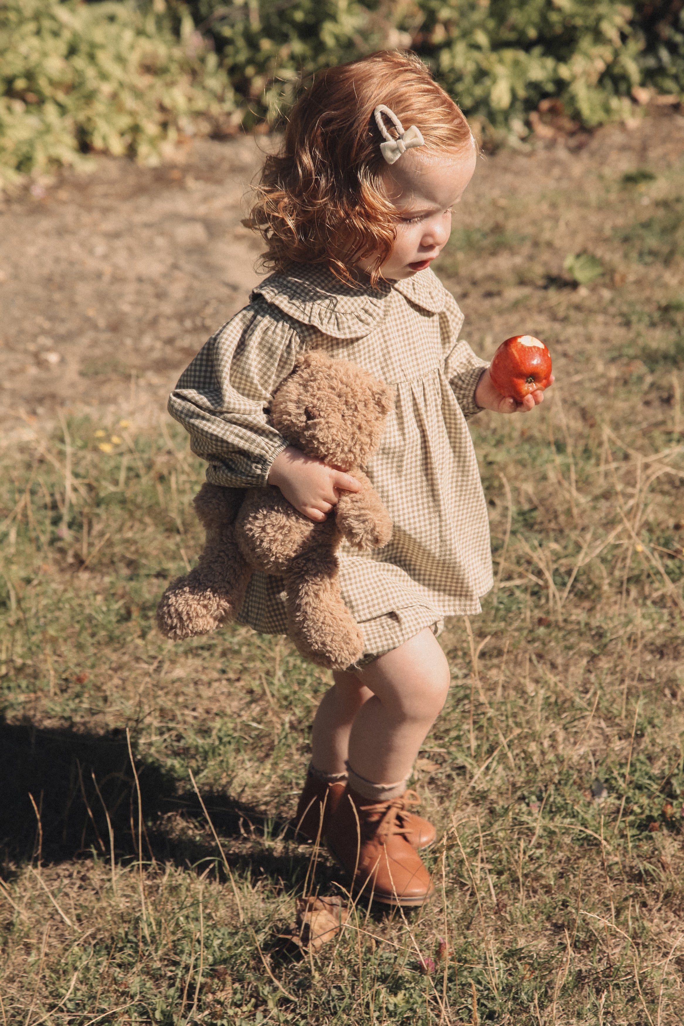 Olive/Gingham Frill Collar Top & Bloomer Set