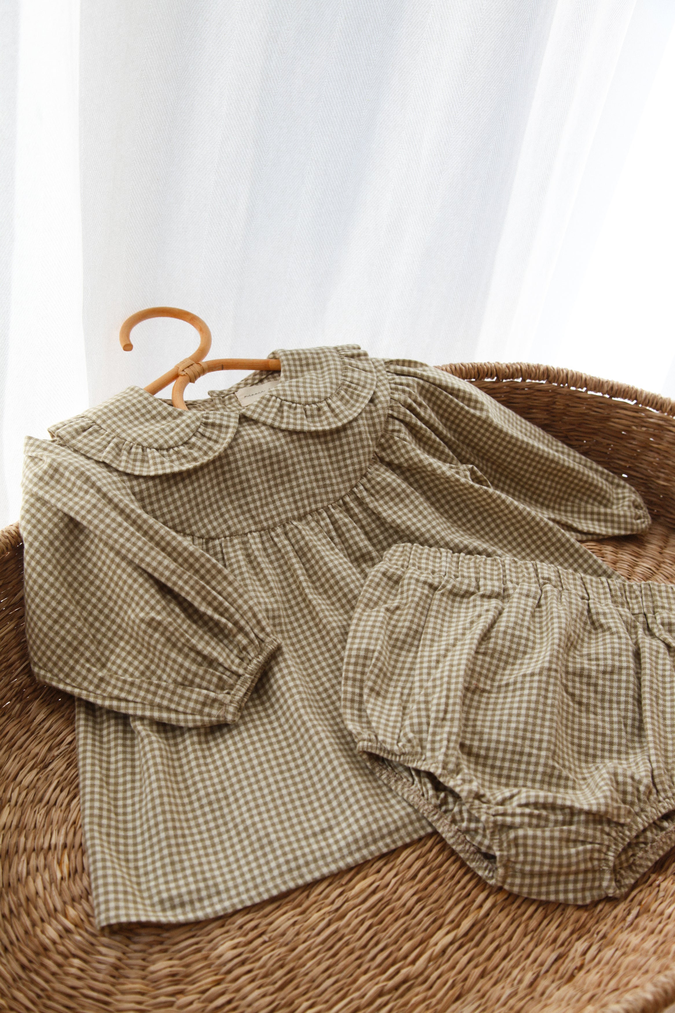 Olive/Gingham Frill Collar Top & Bloomer Set