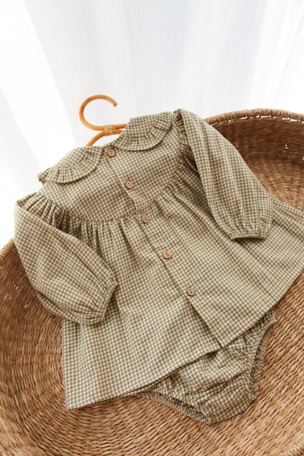 Olive/Gingham Frill Collar Top & Bloomer Set