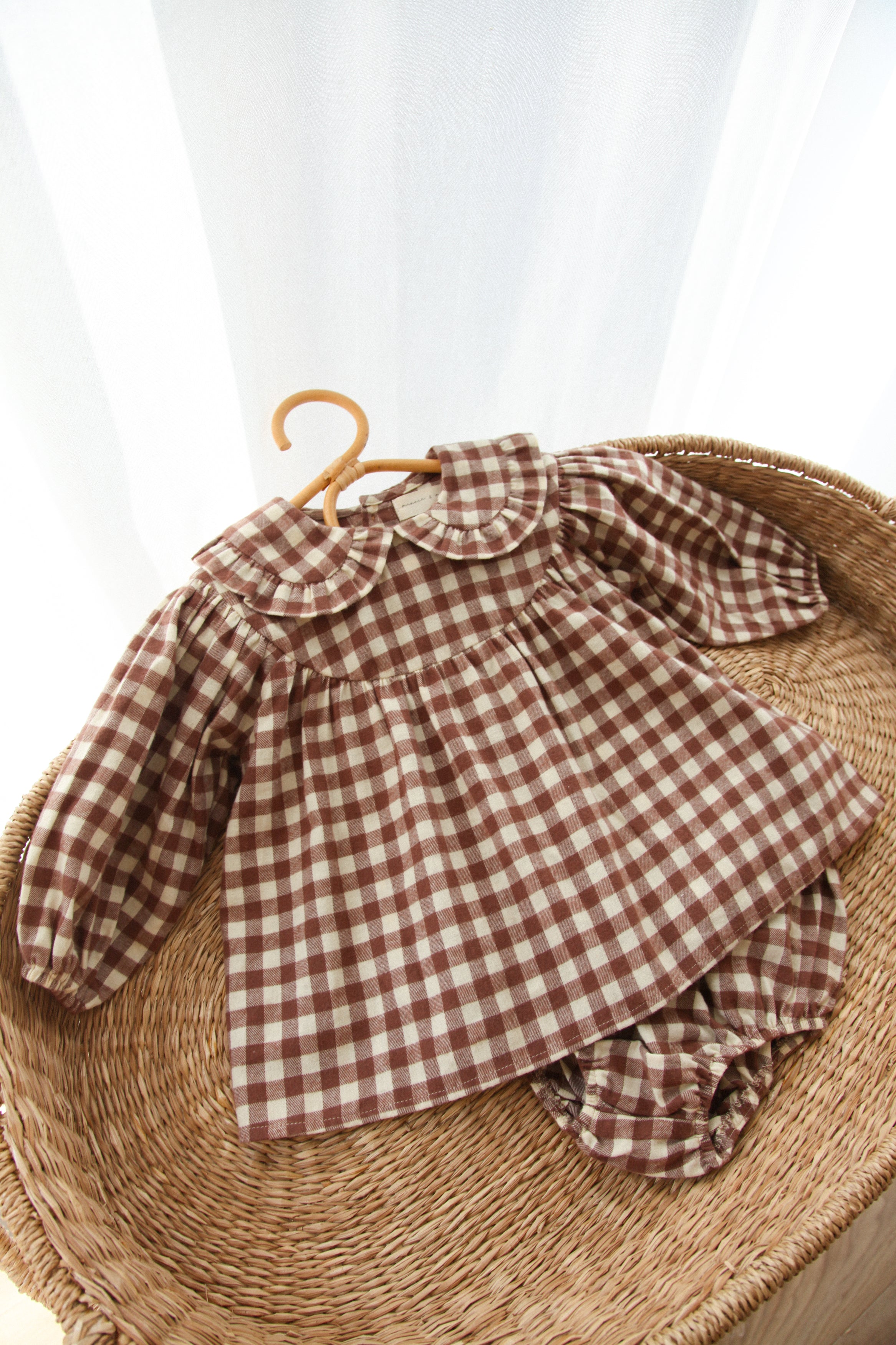 Brown/Check Frill Collar Top & Bloomer Set