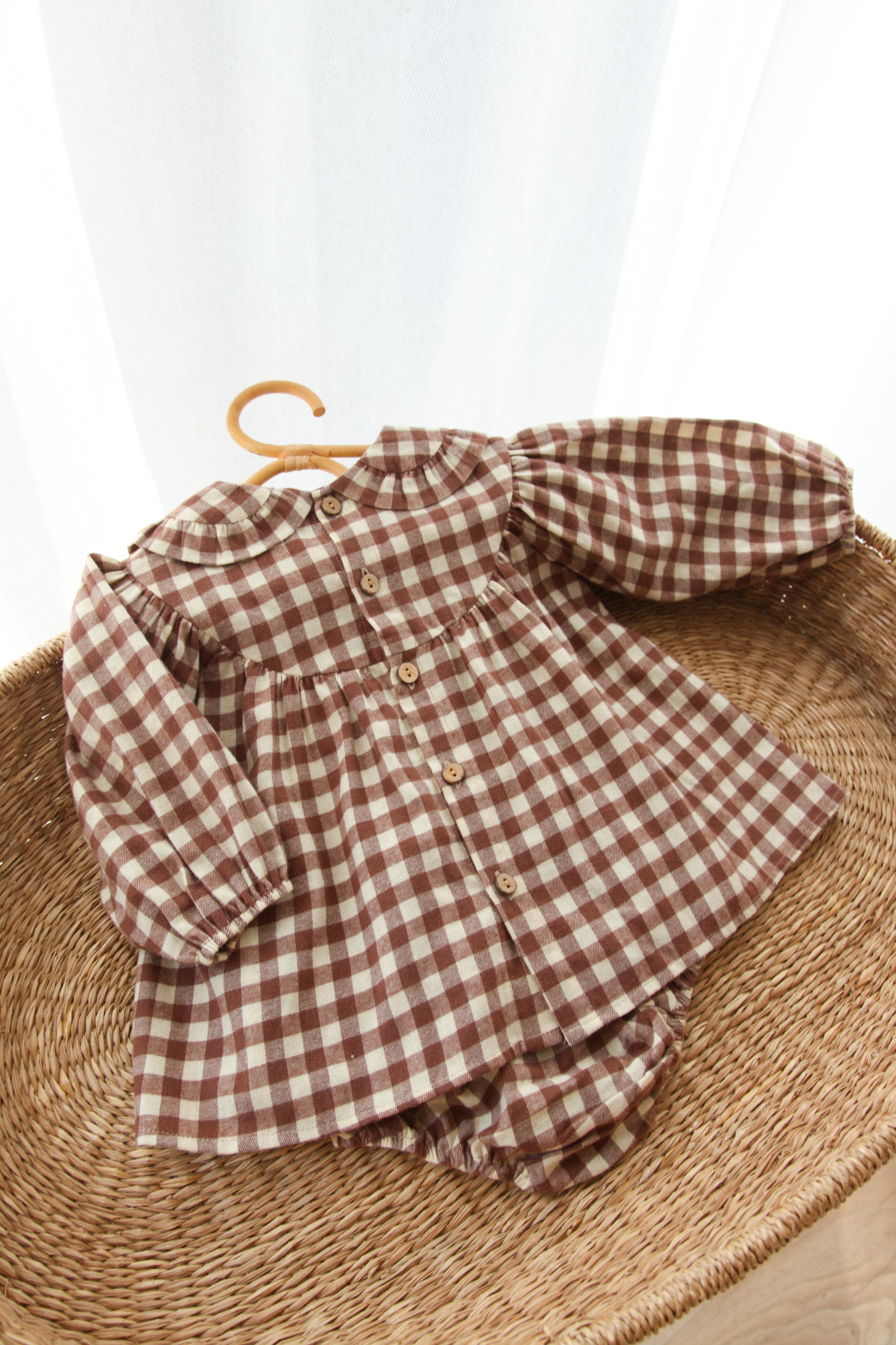 Brown/Check Frill Collar Top & Bloomer Set