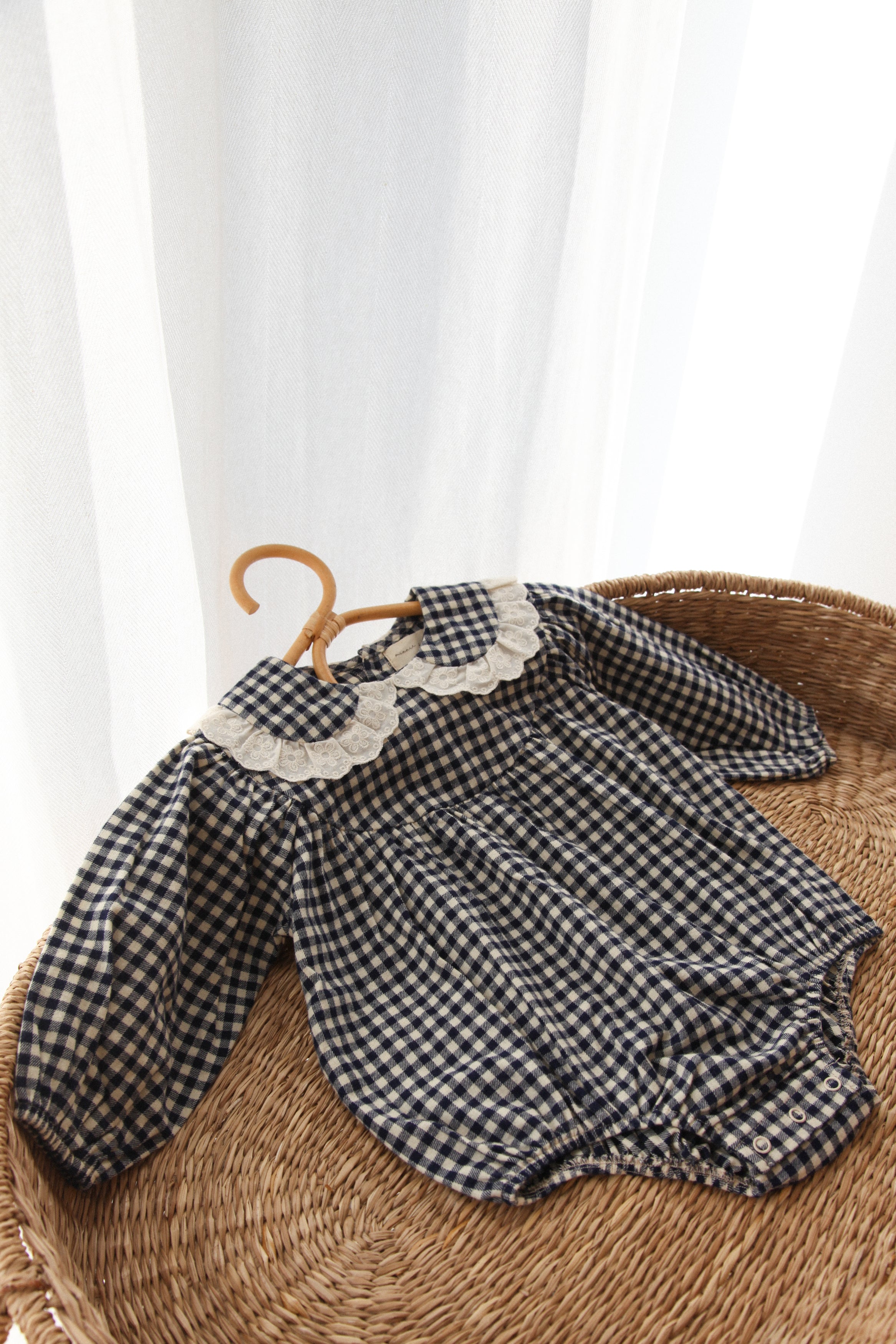 WHOLESALE Navy/Gingham Frill Collar Romper