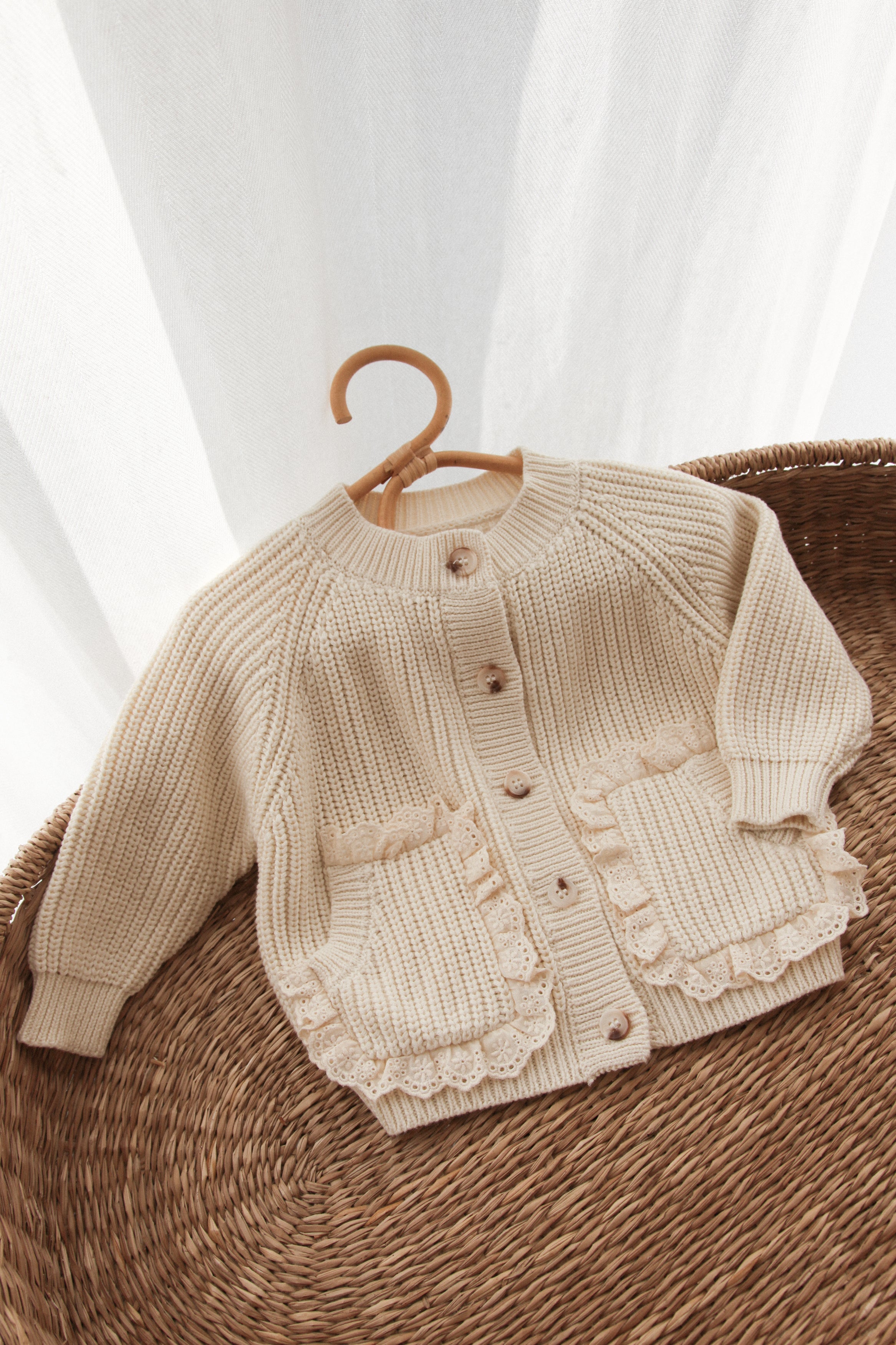 WHOLESALE Organic Cotton Cream/Lace Frill Pocket Cardigan *end sept delivery