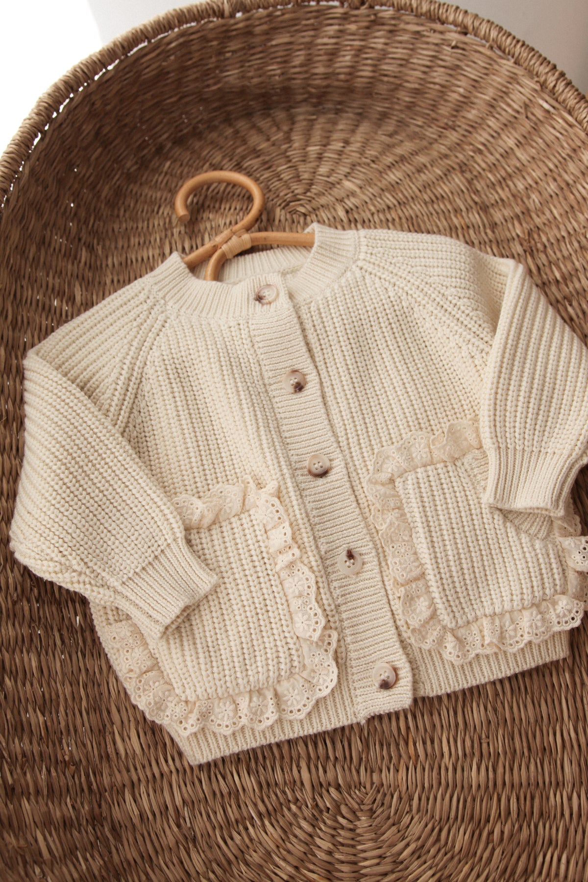 WHOLESALE Organic Cotton Cream/Lace Frill Pocket Cardigan *end sept delivery