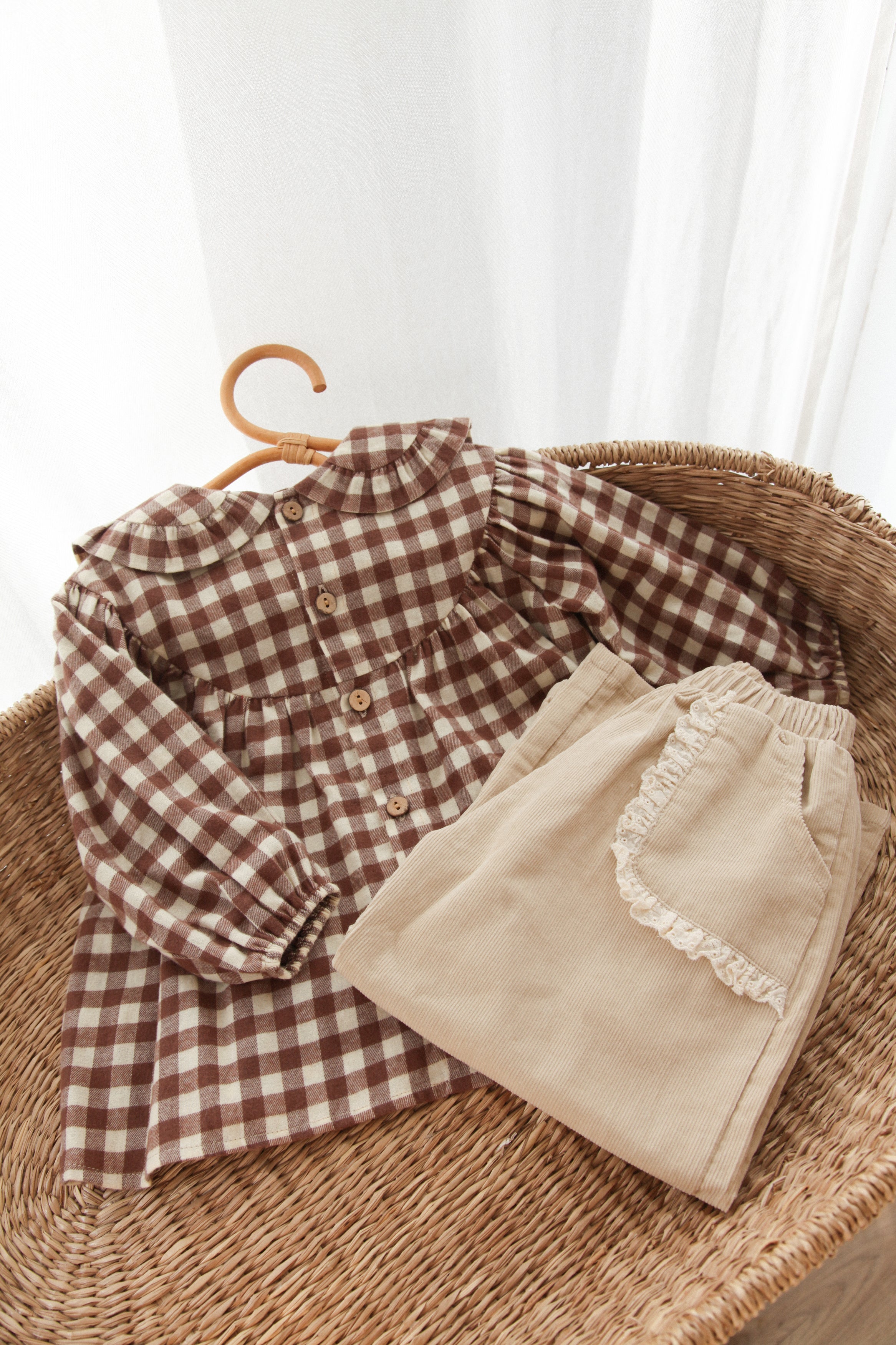 Childrens Brown/Check Frill Collar Oversized Top