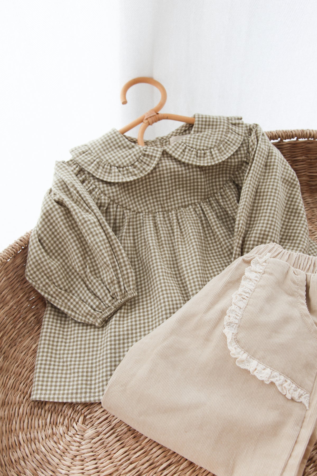 Childrens Olive/Gingham Frill Collar Top