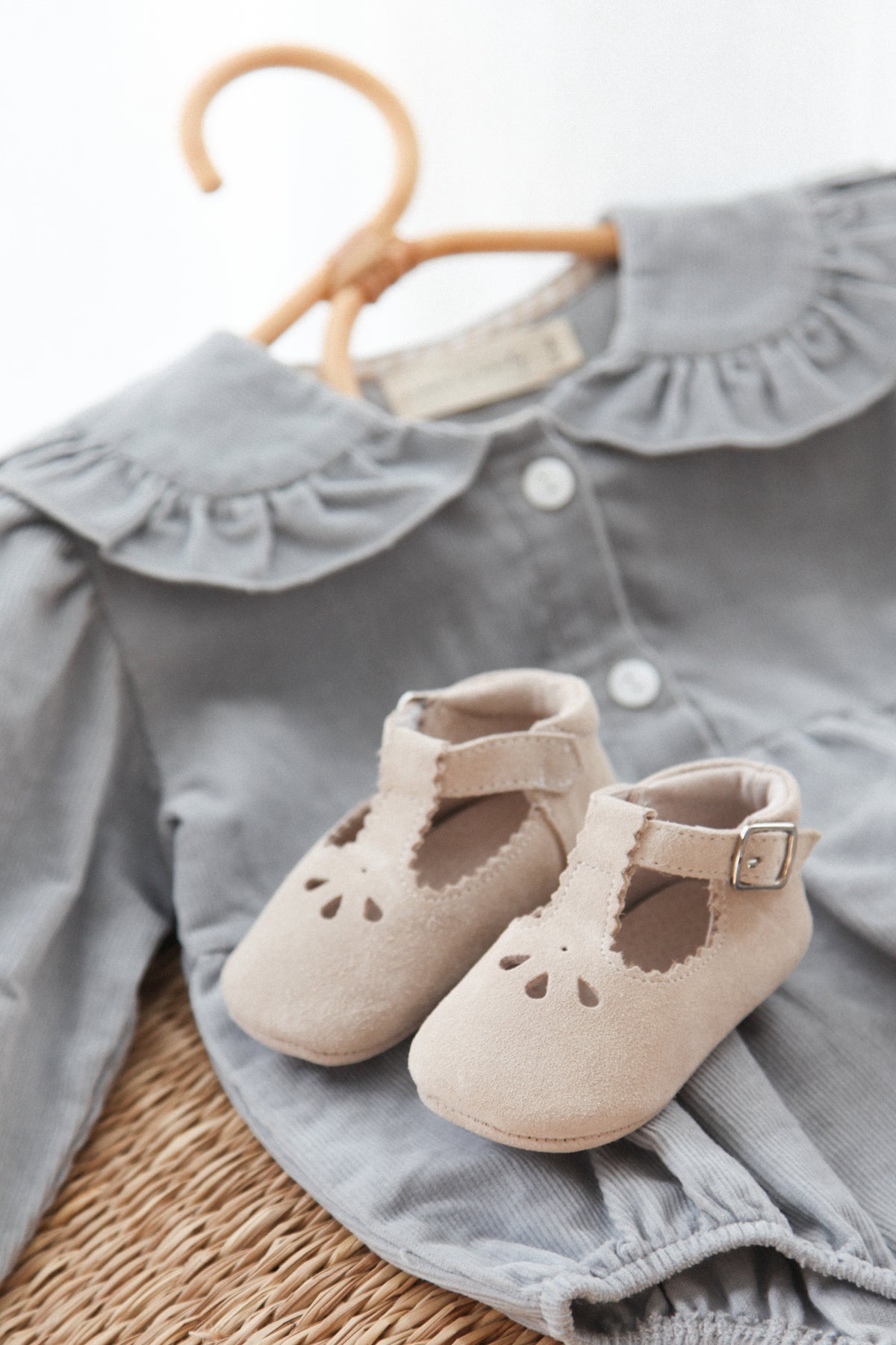 Stone Suede T-Bar Baby Shoes (& dust bag)