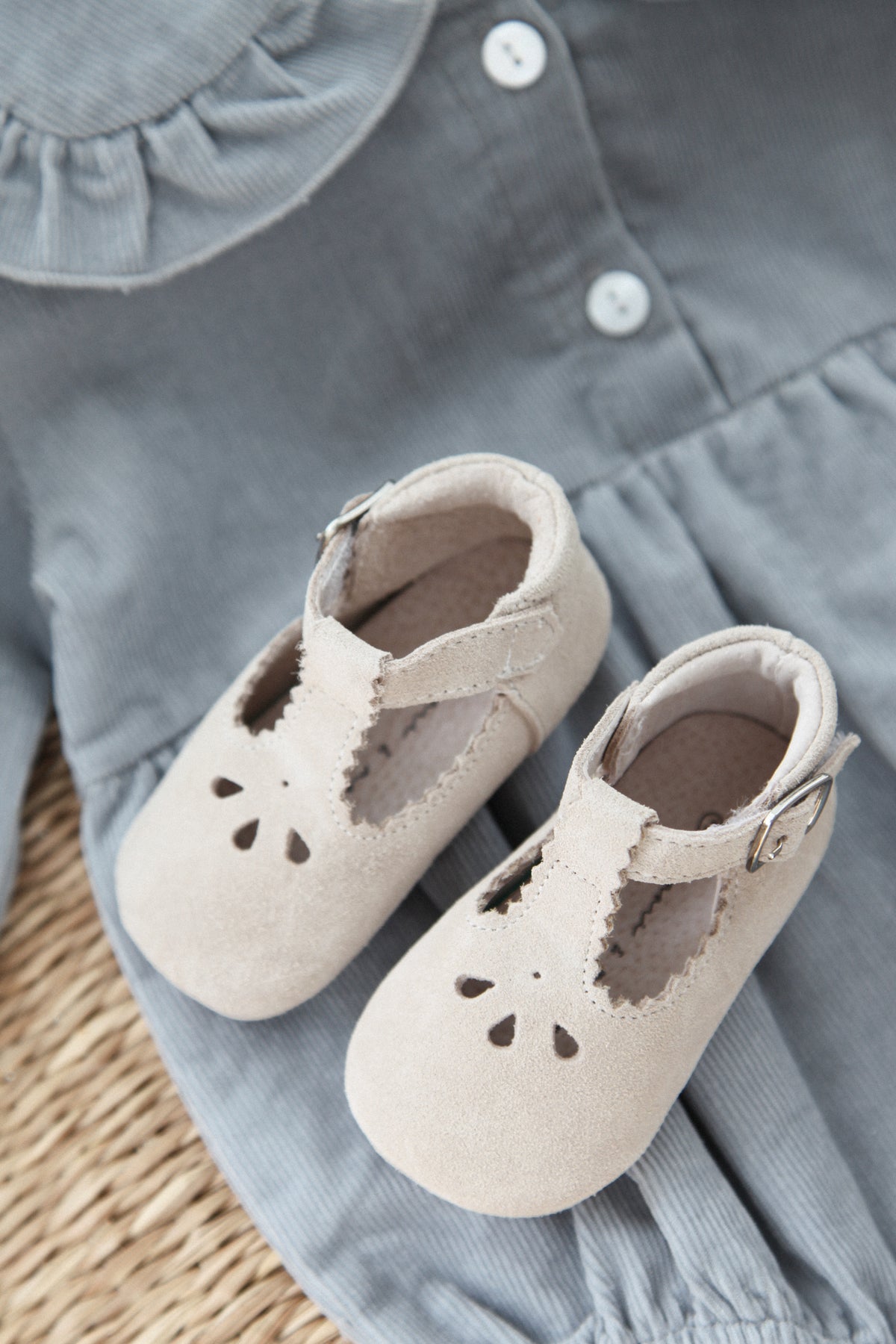Stone Suede T-Bar Baby Shoes (& dust bag)