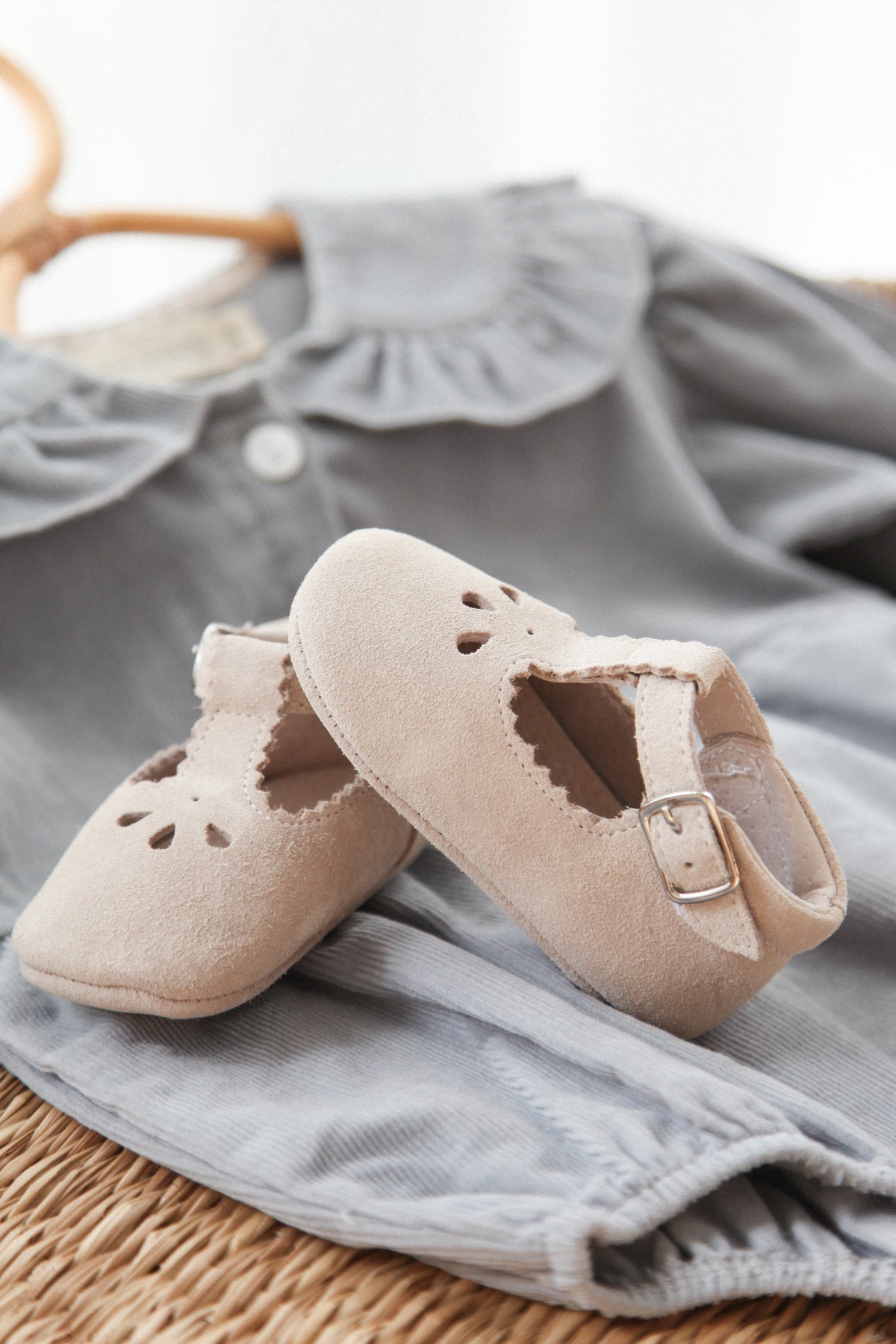 Stone Suede T-Bar Baby Shoes (& dust bag)