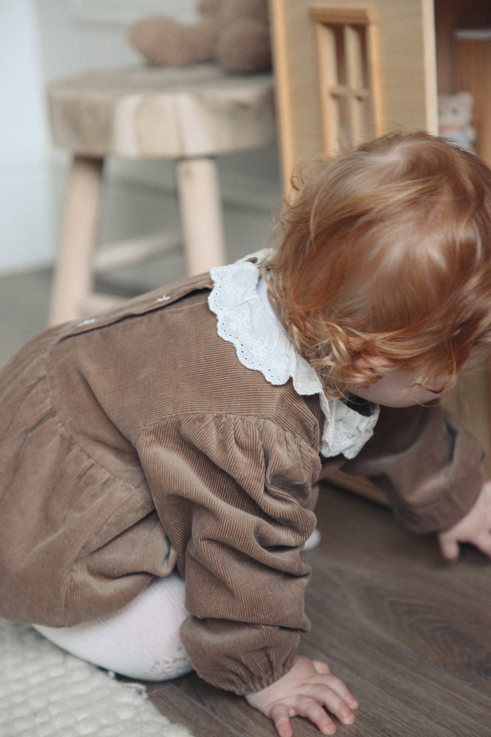 Brown/Cord Frill Collar Long Sleeve Romper