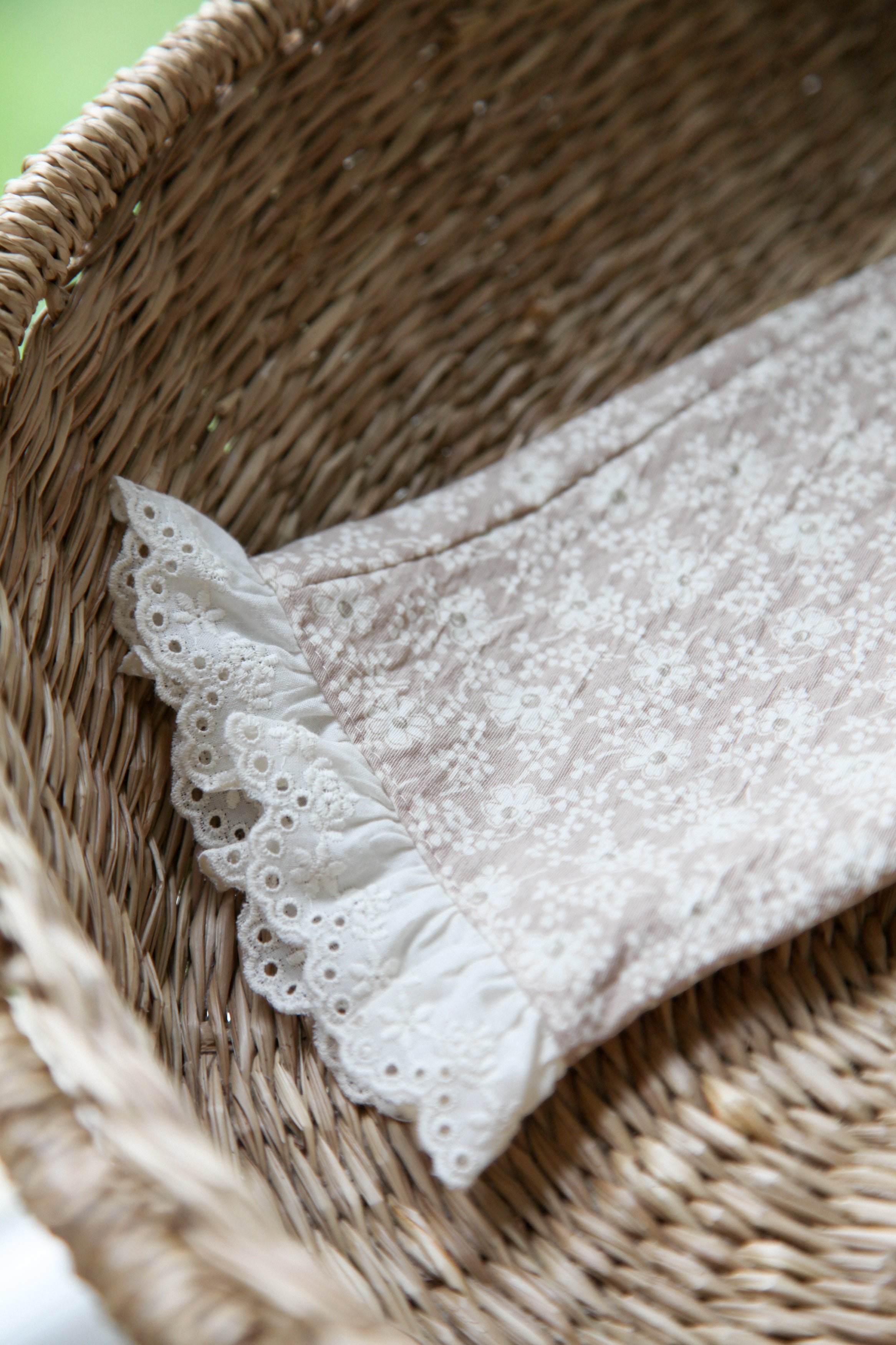 Light Beige/Floral Embroidered Frill Hem Trousers