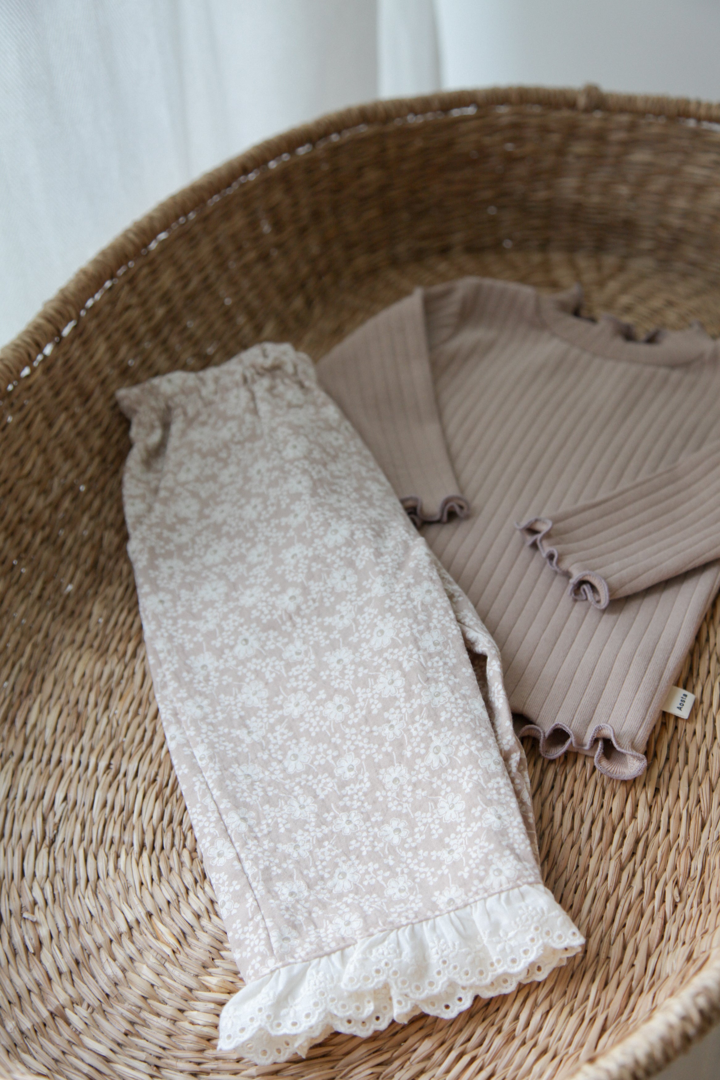 Light Beige/Floral Embroidered Frill Hem Trousers