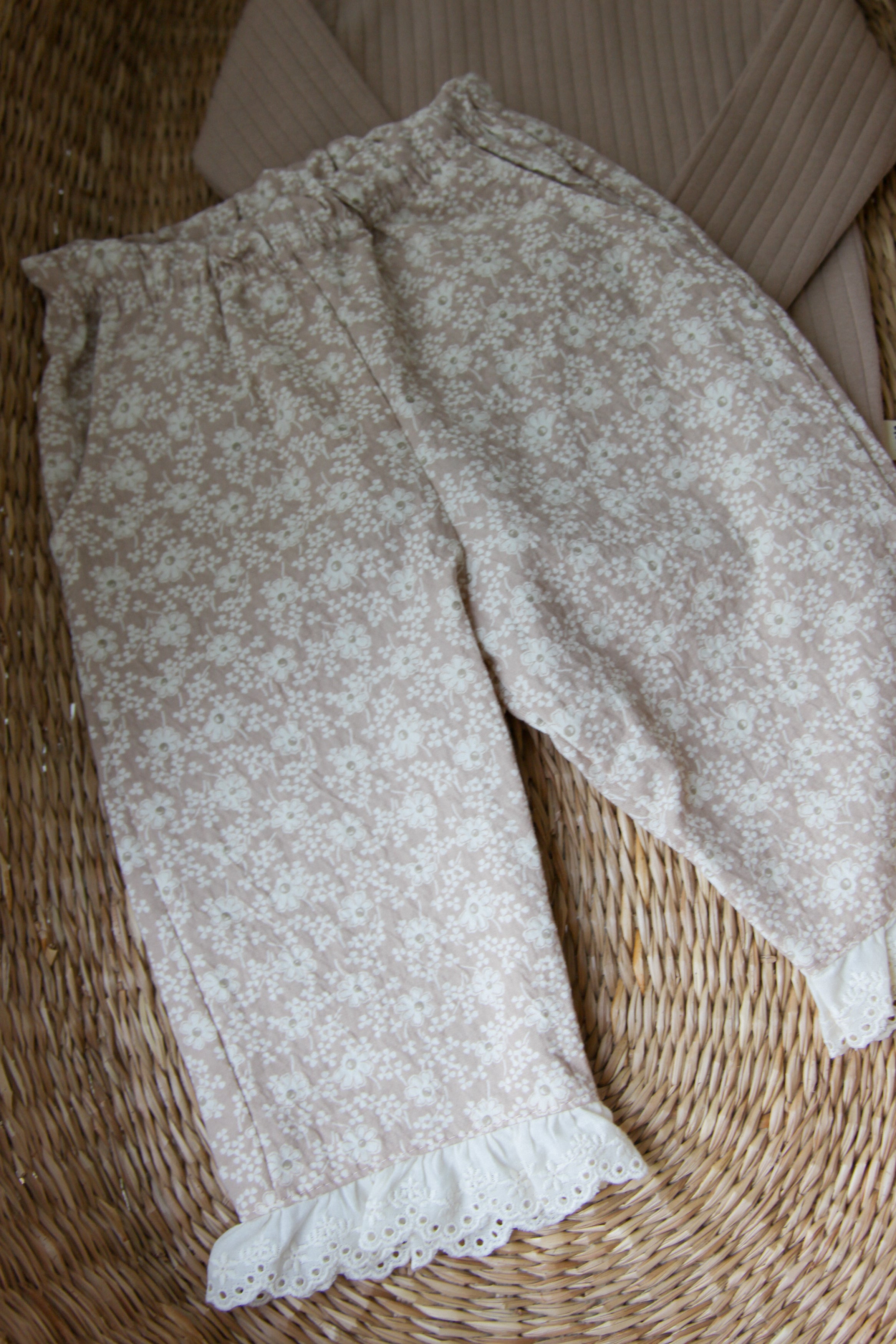 Light Beige/Floral Embroidered Frill Hem Trousers