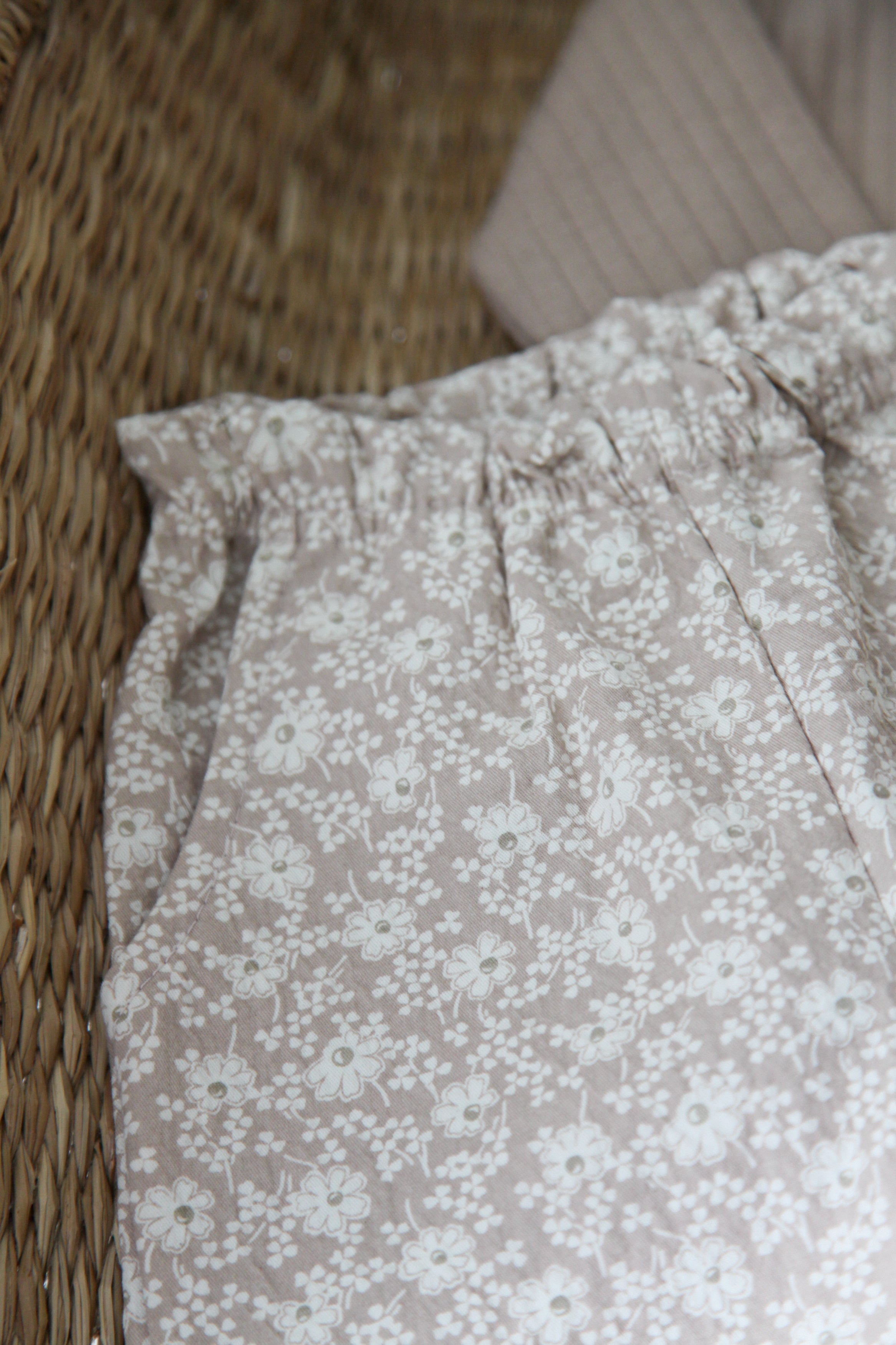 Light Beige/Floral Embroidered Frill Hem Trousers