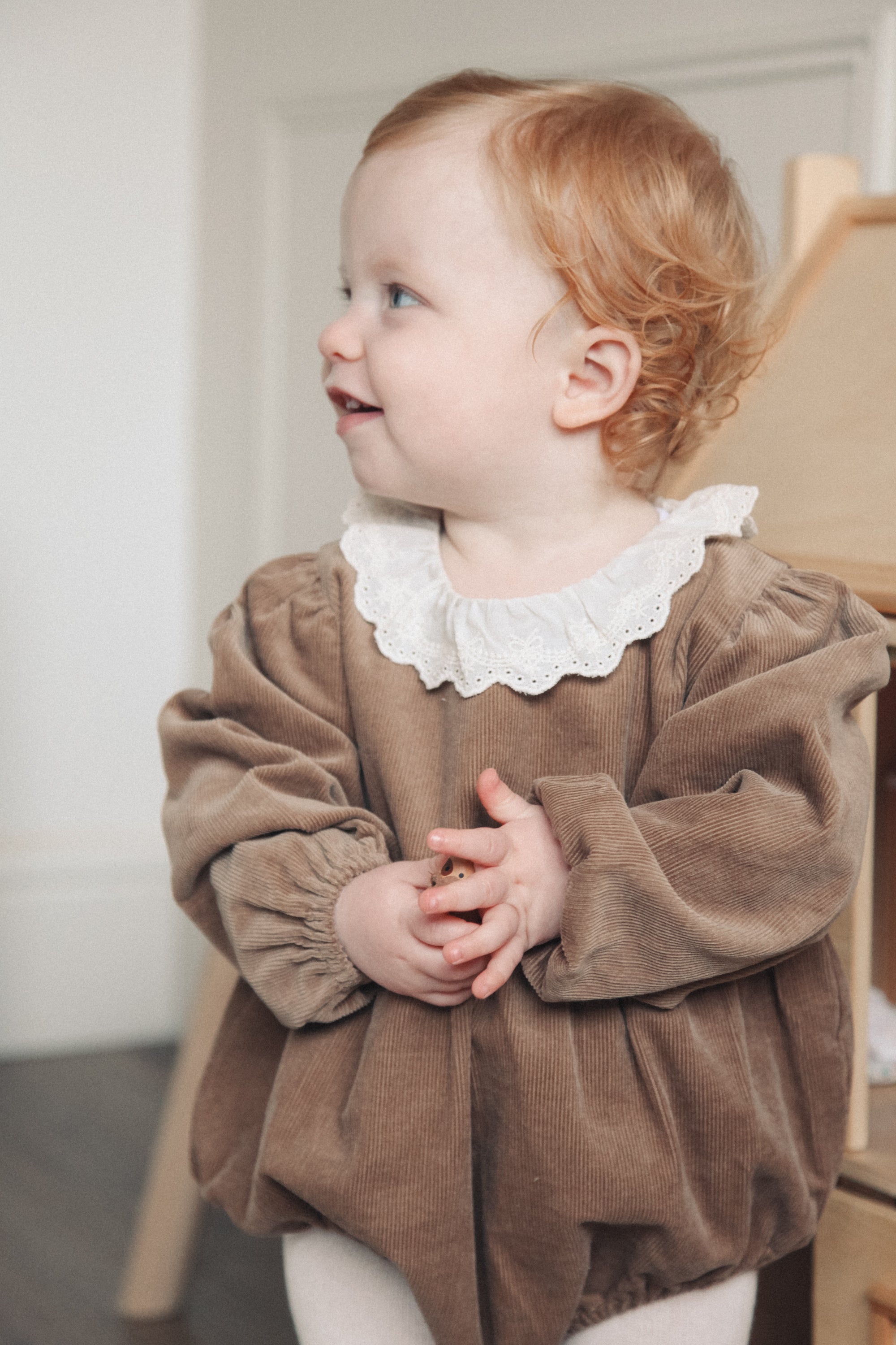 PRE-ORDER Brown/Cord Frill Collar Long Sleeve Romper