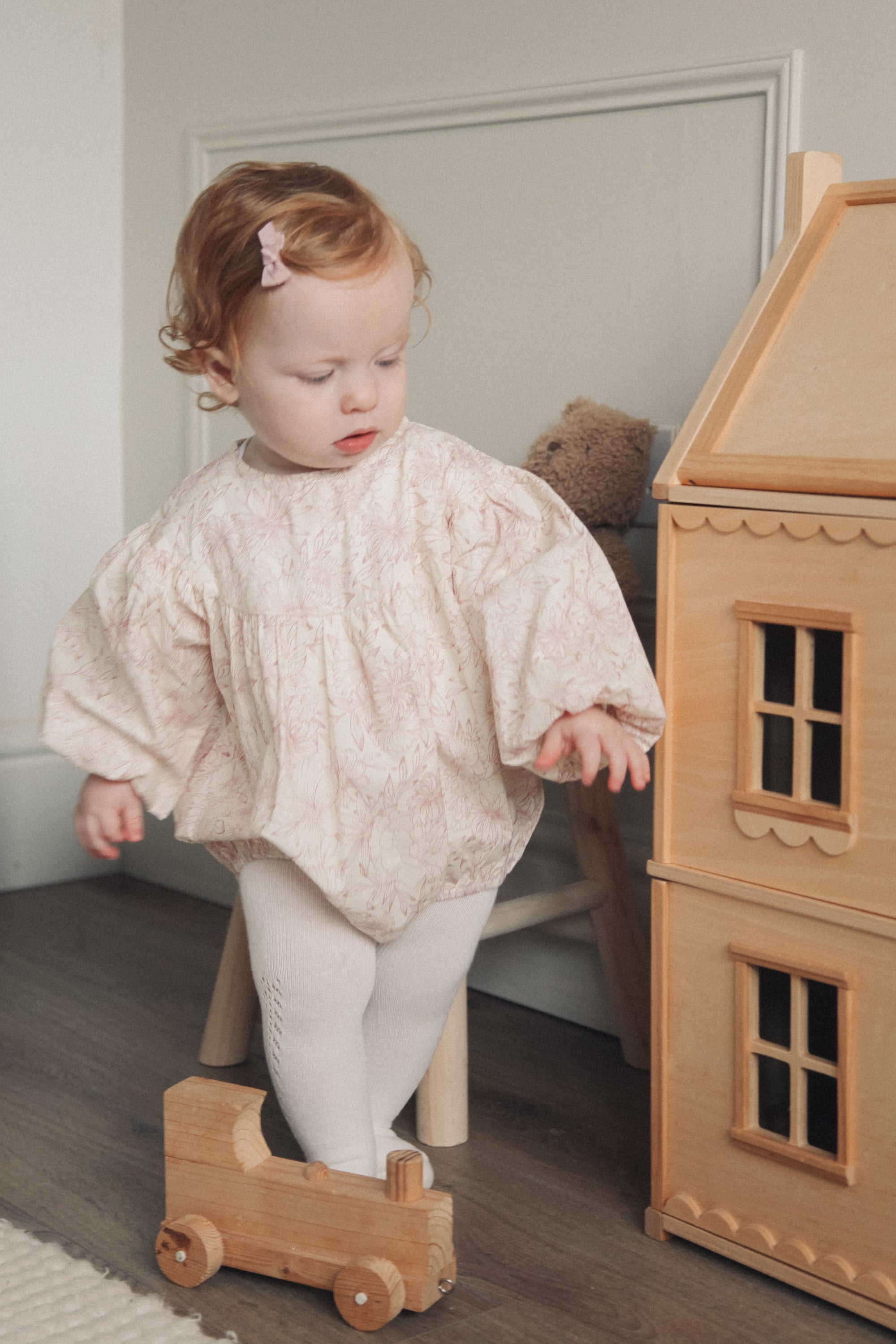 Pink/Toile Floral Long Puff Sleeve Romper