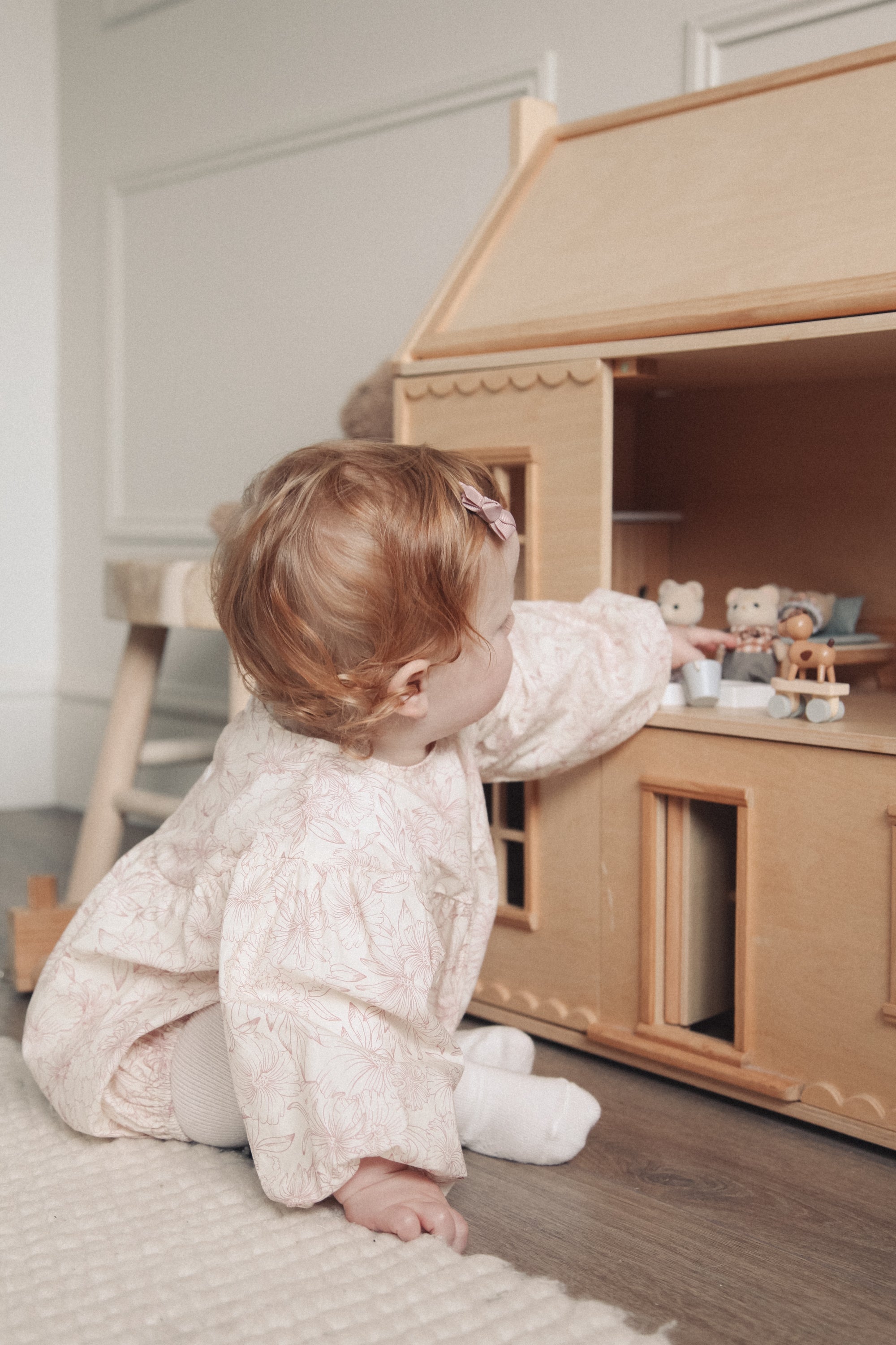 Pink/Toile Floral Long Puff Sleeve Romper