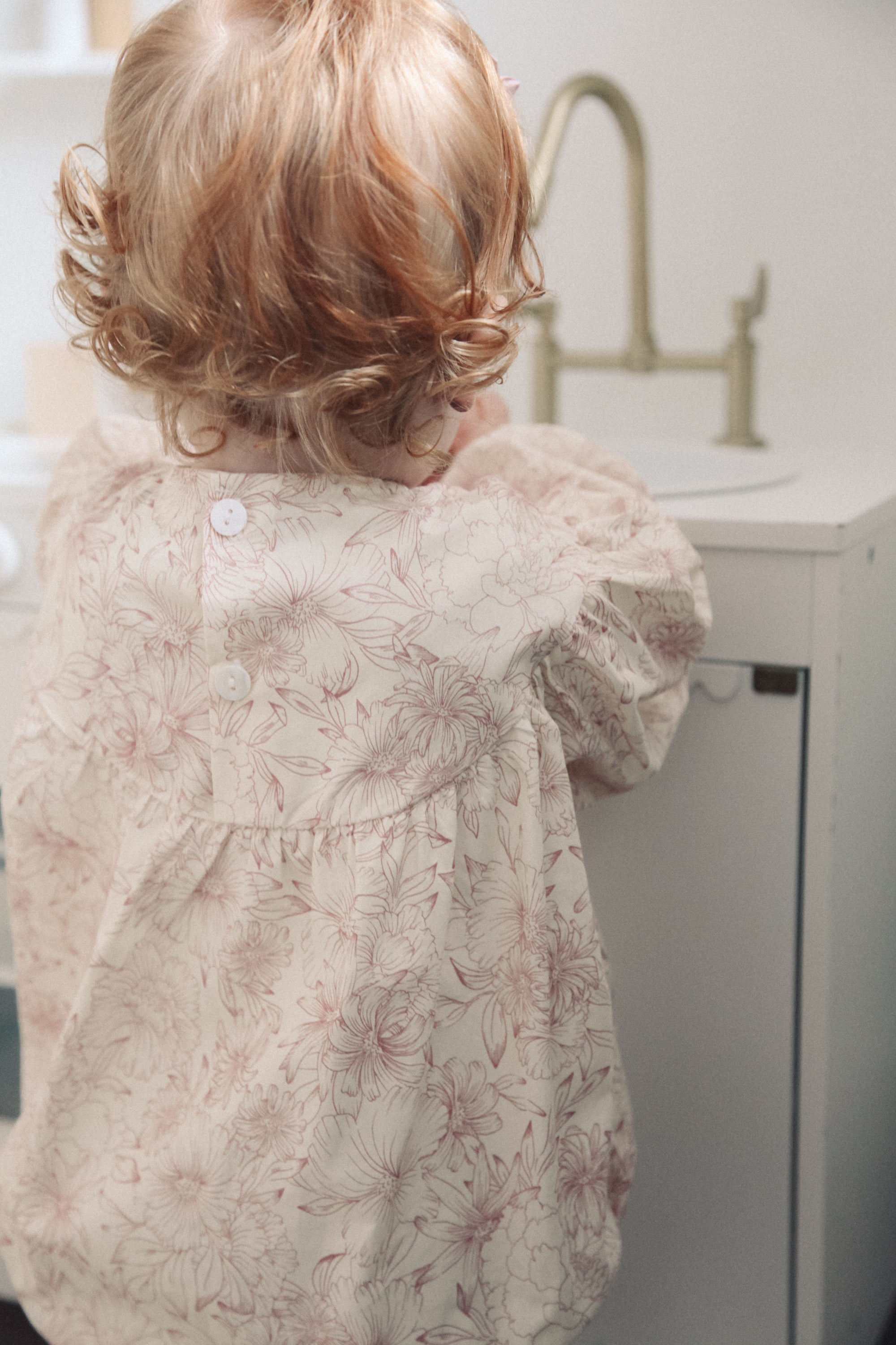 Pink/Toile Floral Long Puff Sleeve Romper