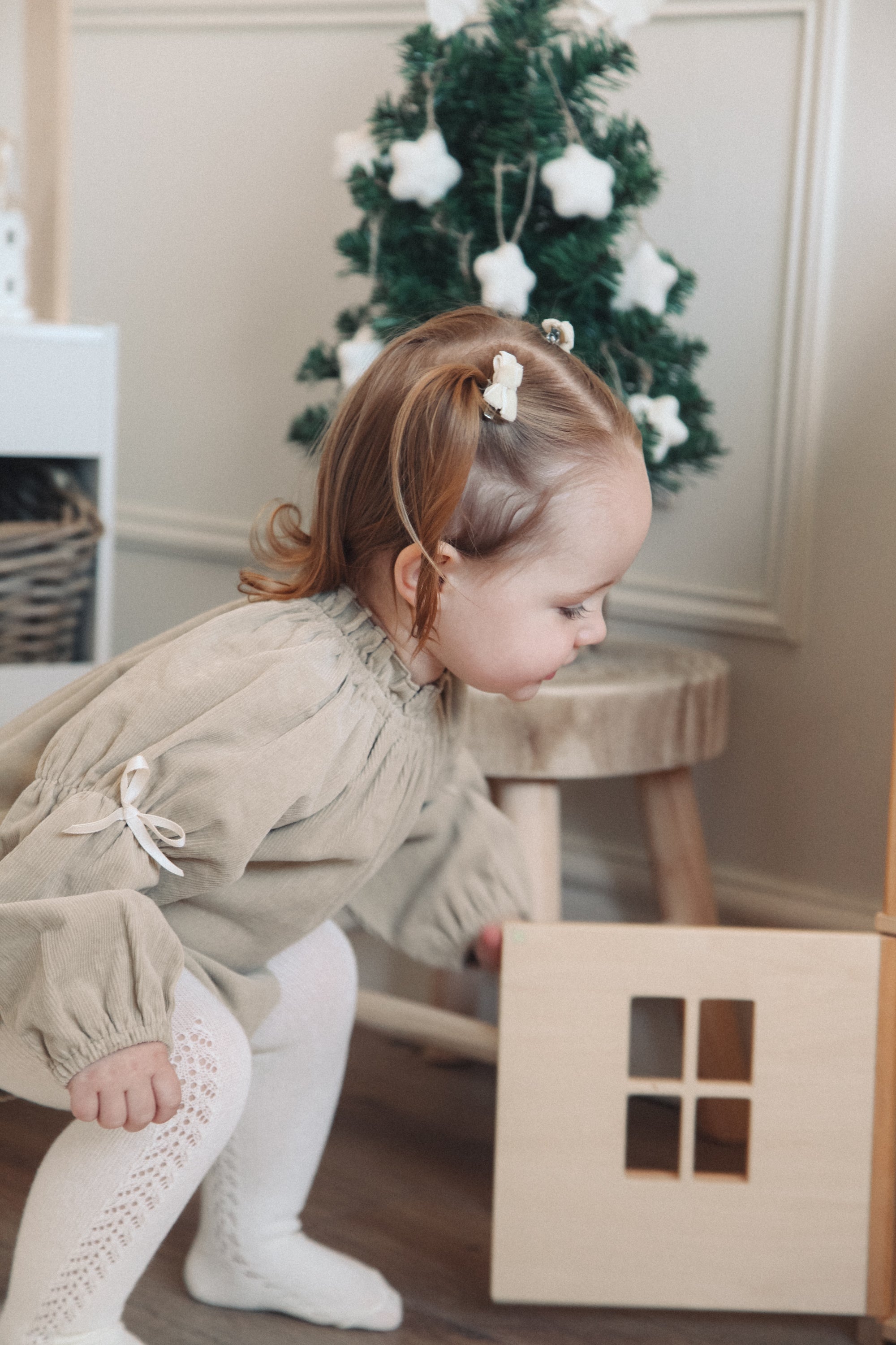 Dark Beige/Cord Bow Long Sleeve Romper