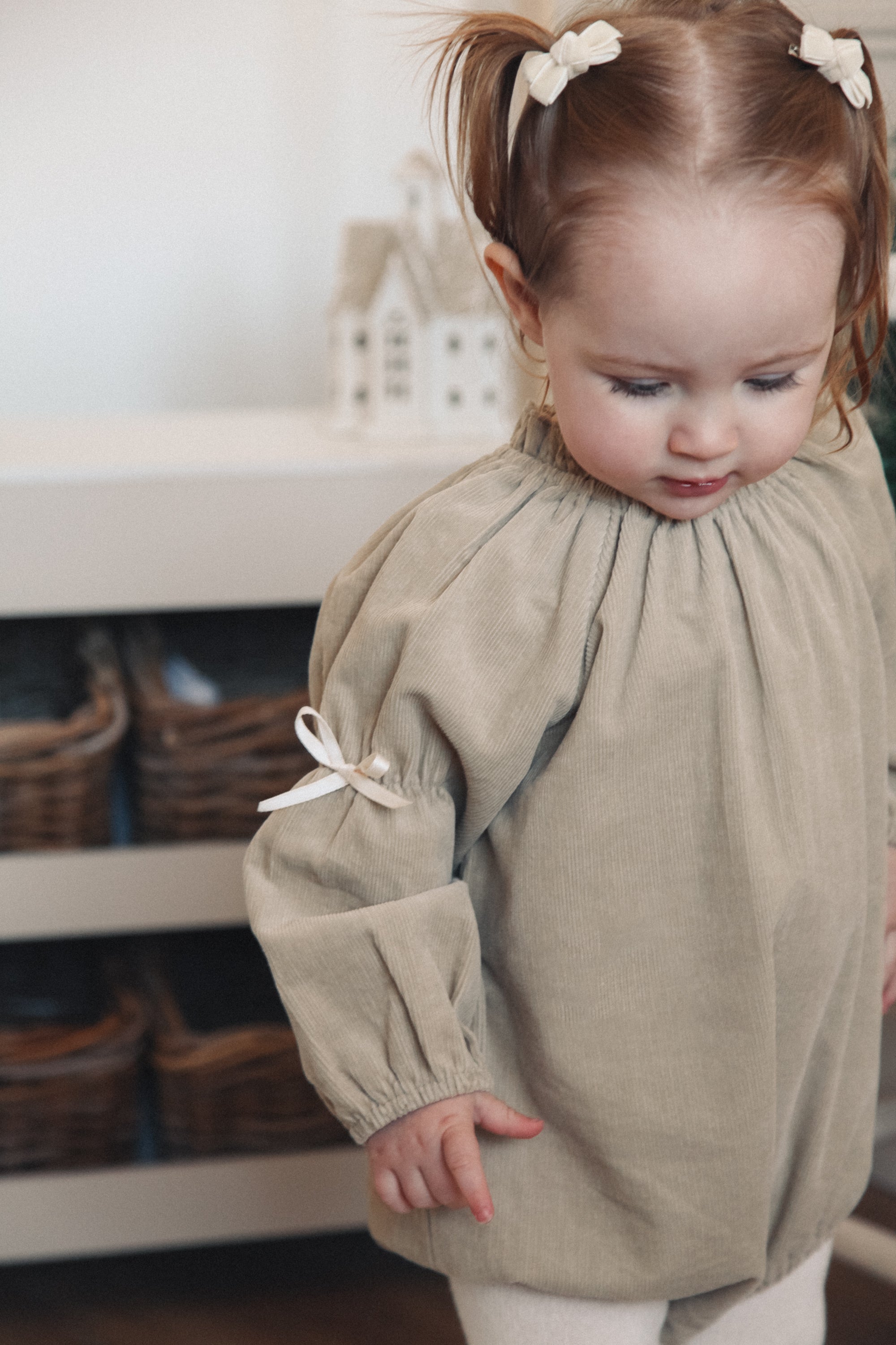 Dark Beige/Cord Bow Long Sleeve Romper