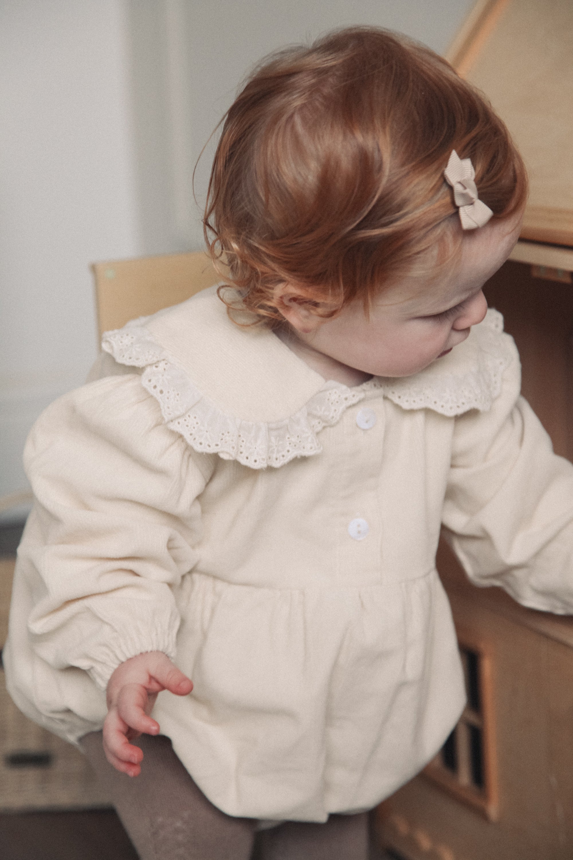 PRE-ORDER Cream/Cord Oversized Broderie Frill Collar Romper