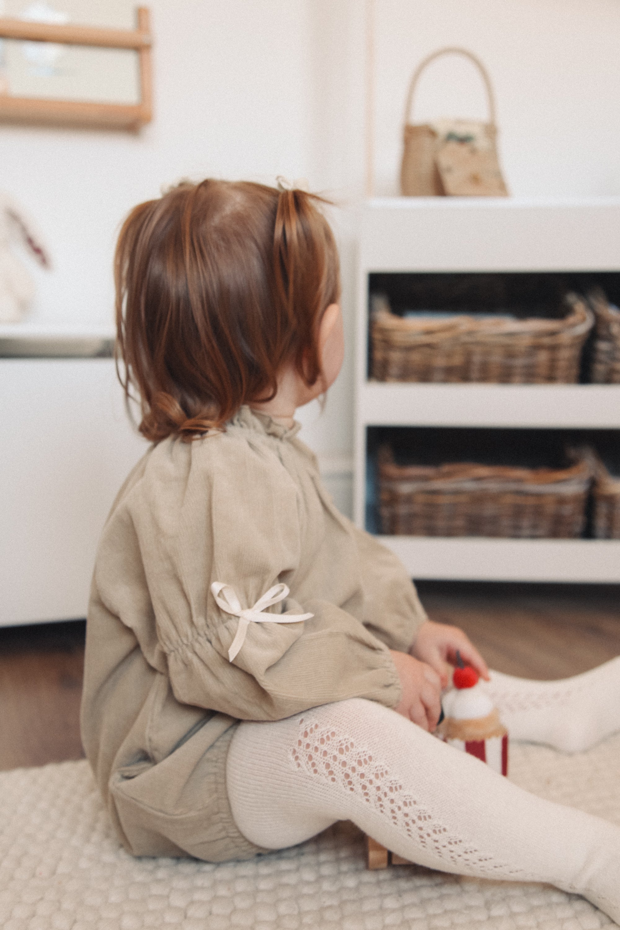 Dark Beige/Cord Bow Long Sleeve Romper