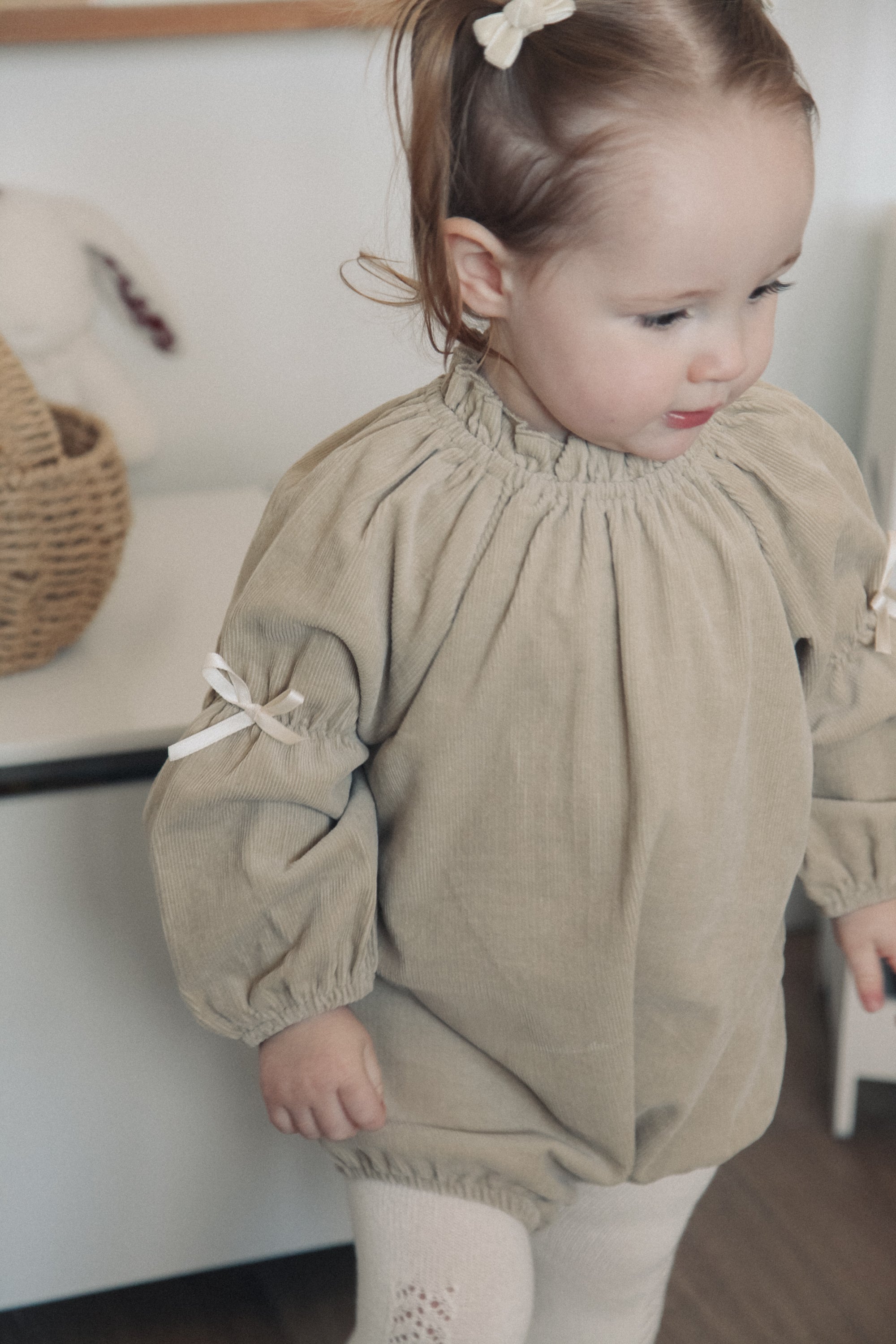Dark Beige/Cord Bow Long Sleeve Romper