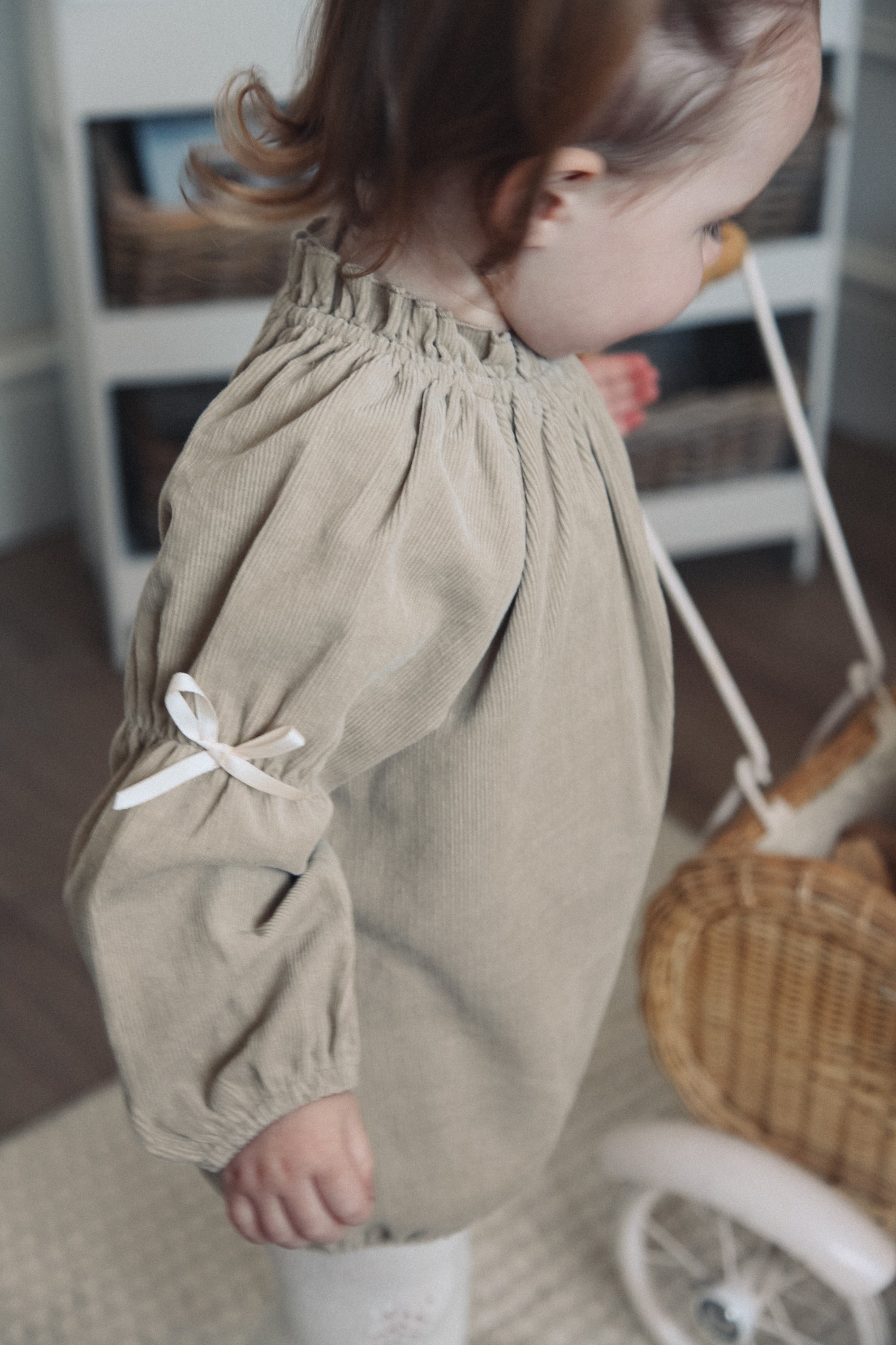 Dark Beige/Cord Bow Long Sleeve Romper
