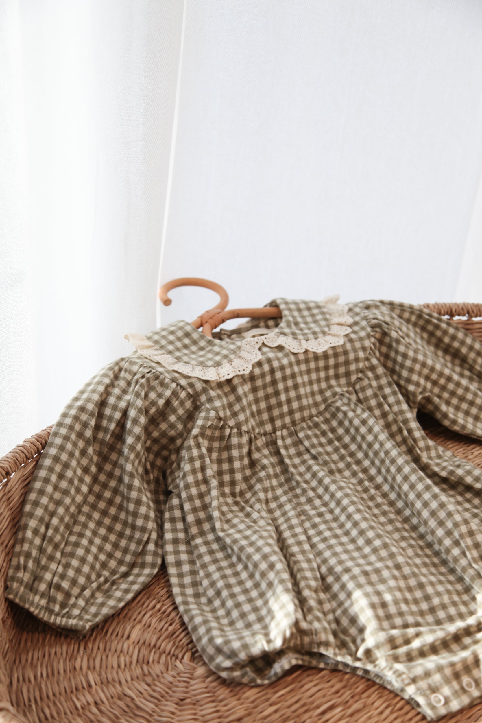 Sage Green/Gingham Frill Collar Romper