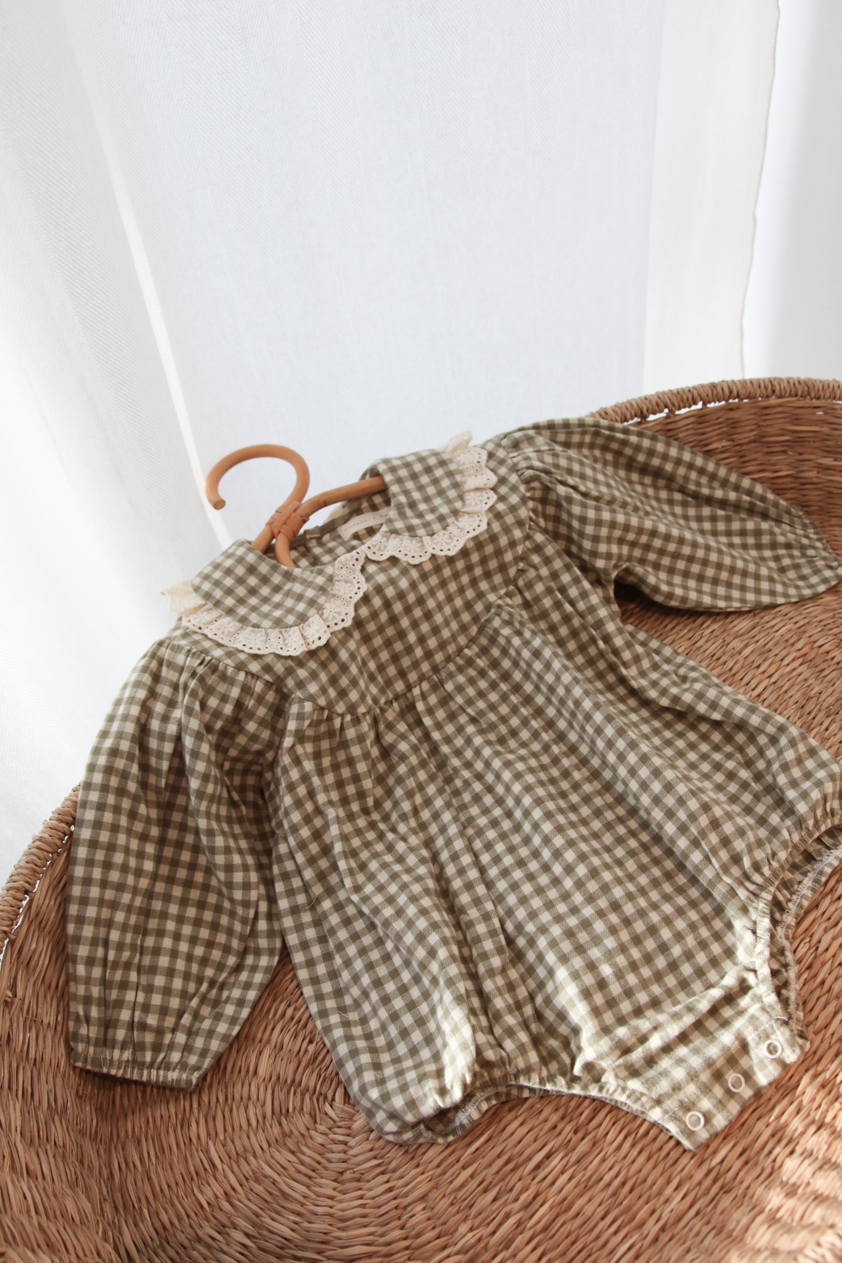 Sage Green/Gingham Frill Collar Romper