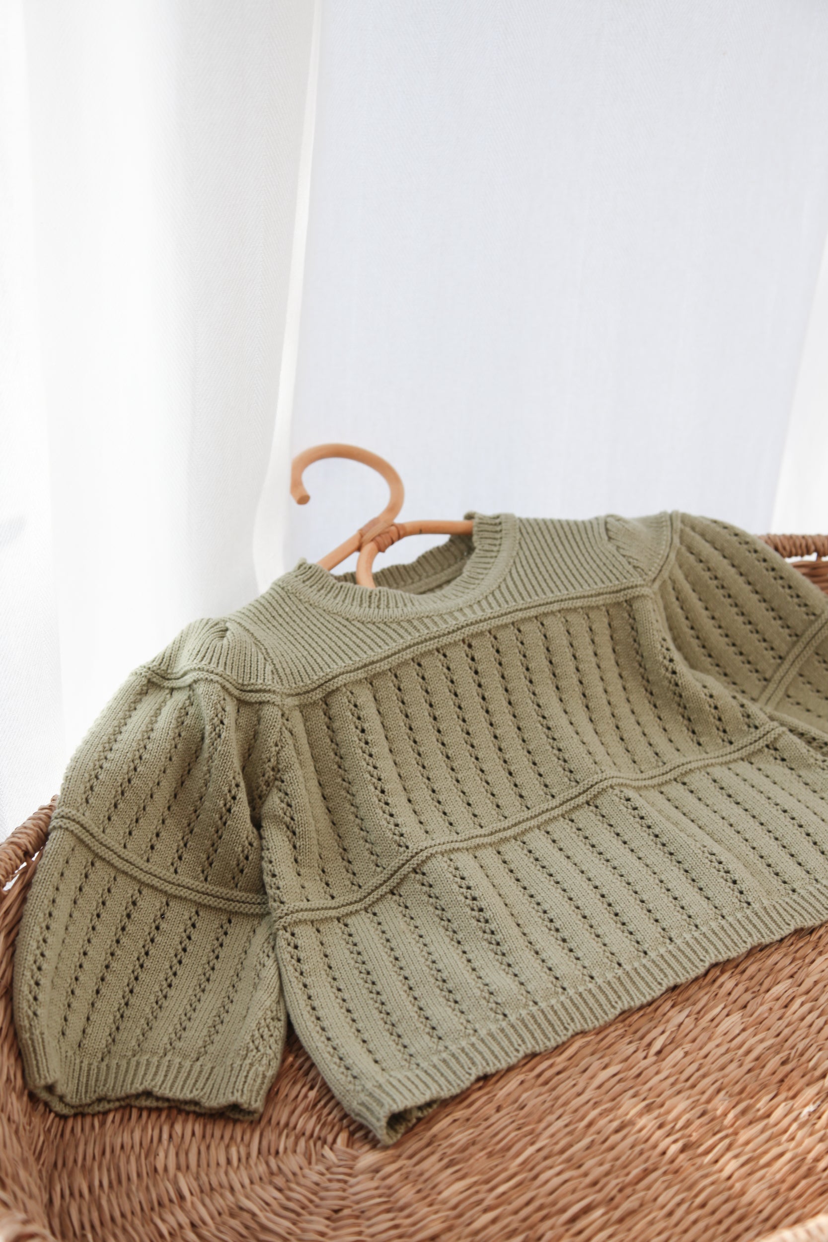 Sage Green Organic Cotton Flare Sleeve Openwork Knit Jumper