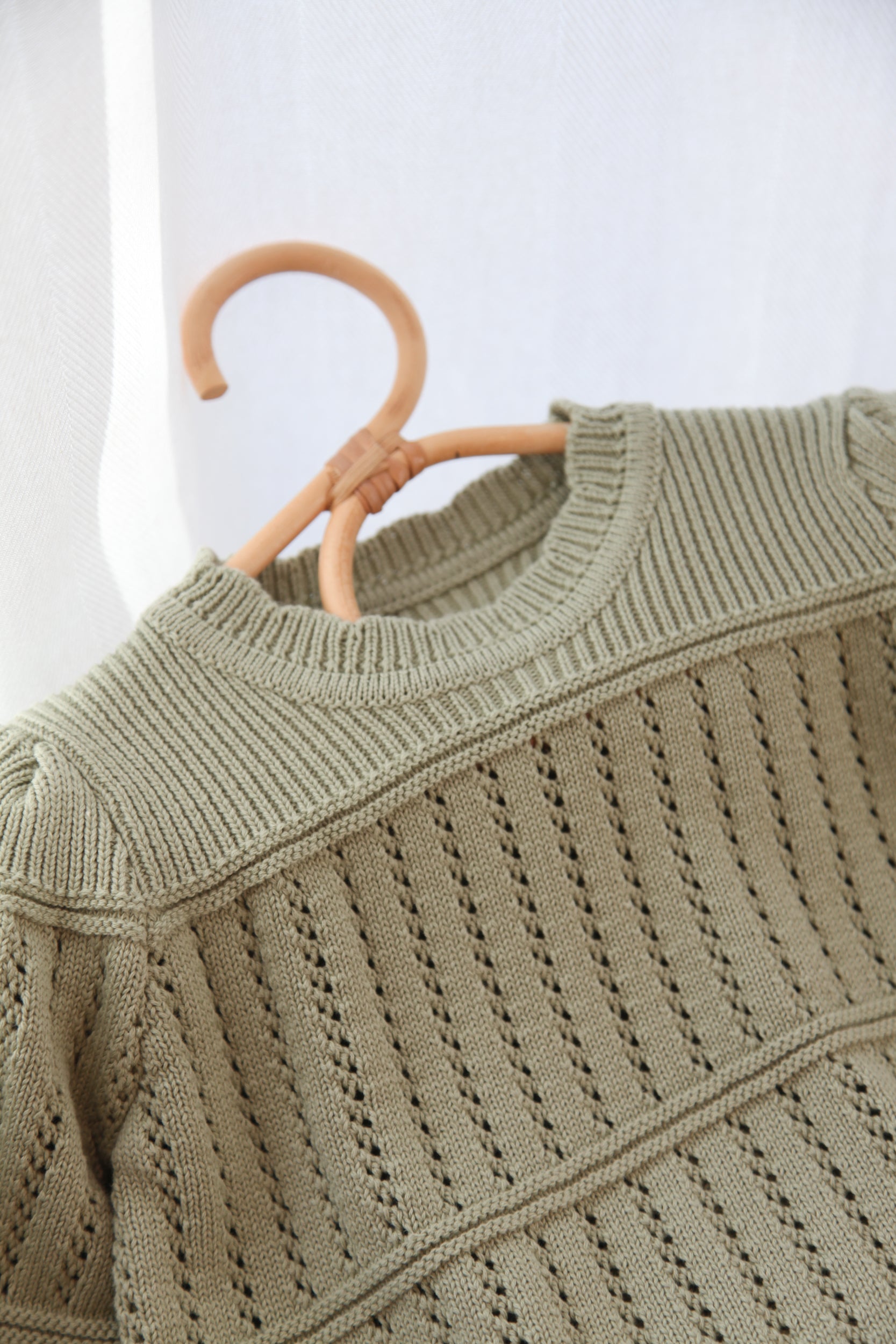 Sage Green Organic Cotton Flare Sleeve Openwork Knit Jumper