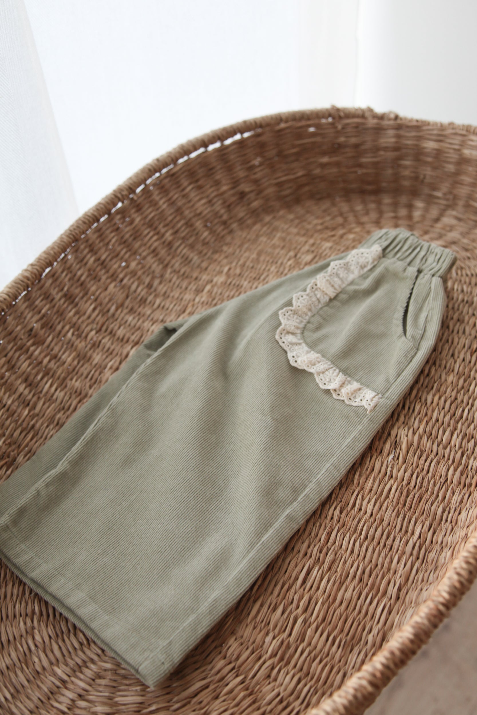 WHOLESALE Dusky Green/Cord Broderie Frill Pocket Wide Leg Trousers