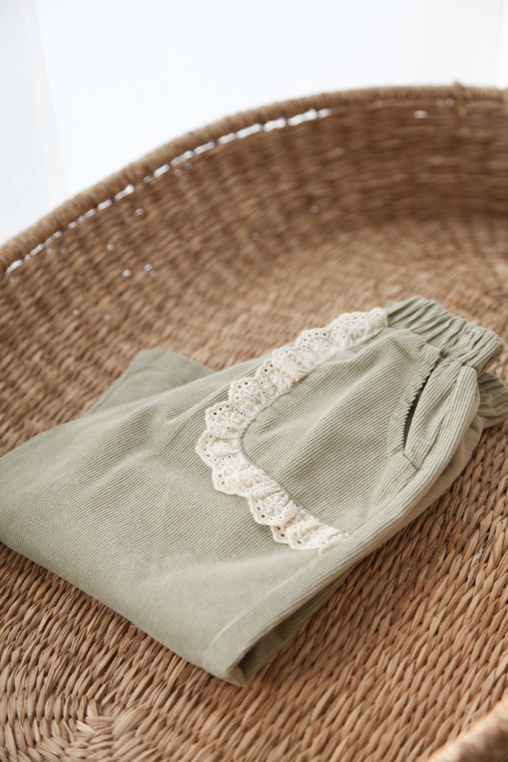 WHOLESALE Dusky Green/Cord Broderie Frill Pocket Wide Leg Trousers