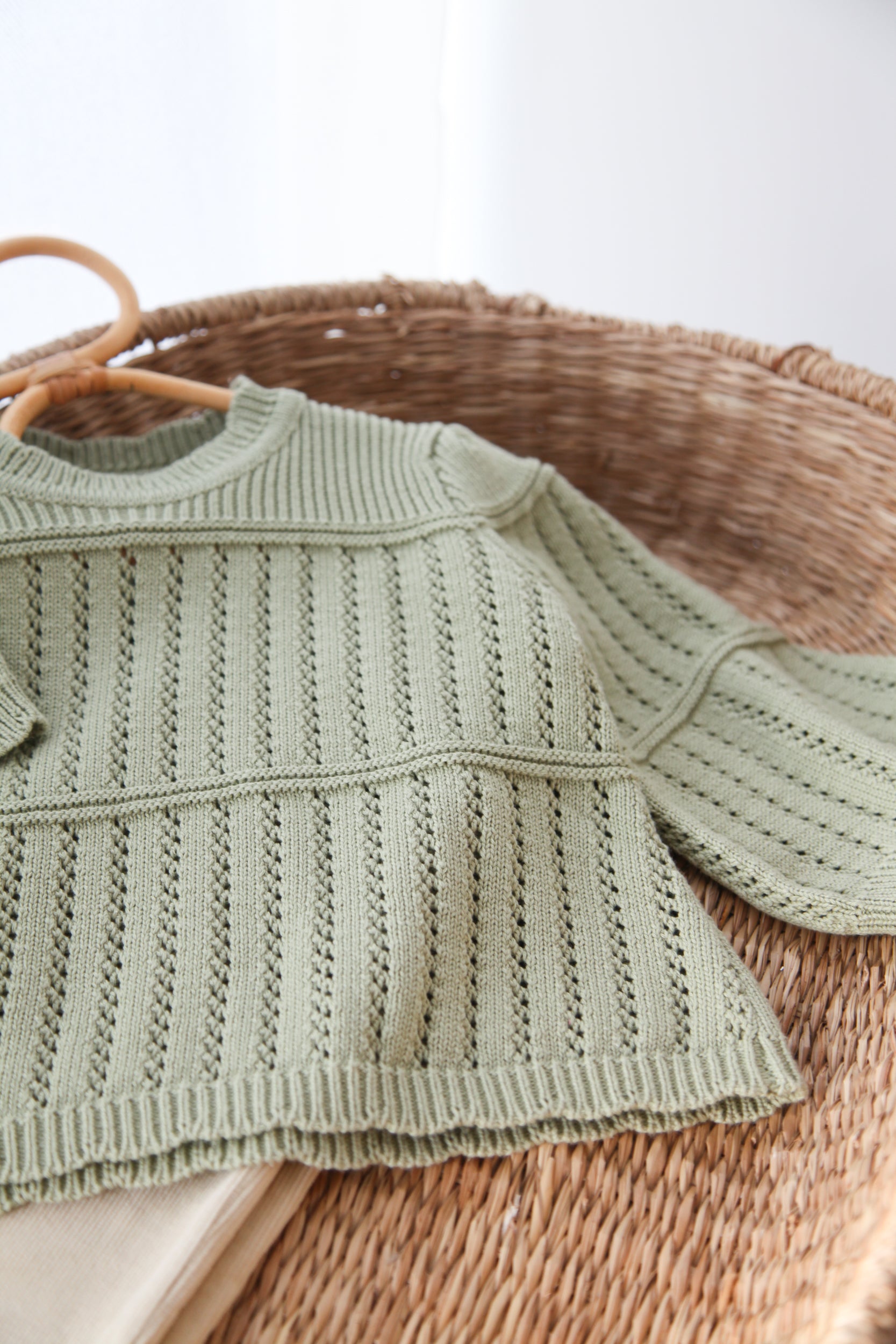 WHOLESALE Sage Green Organic Cotton Flare Sleeve Openwork Knit Jumper