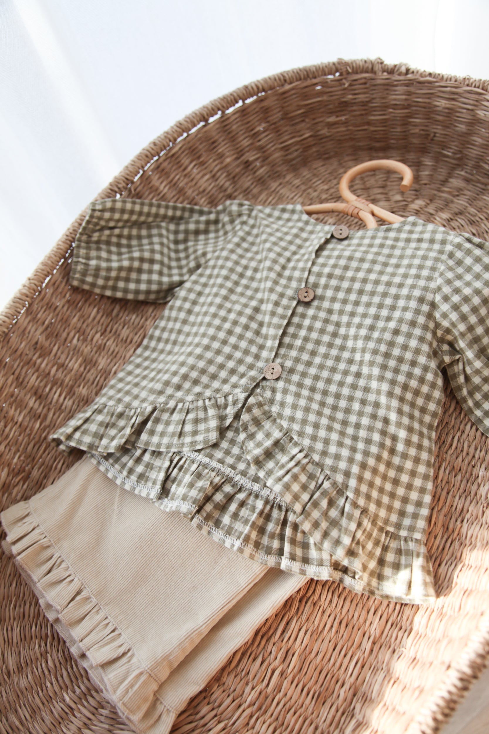 Sage/Green Gingham Cotton Frill Button Back Top