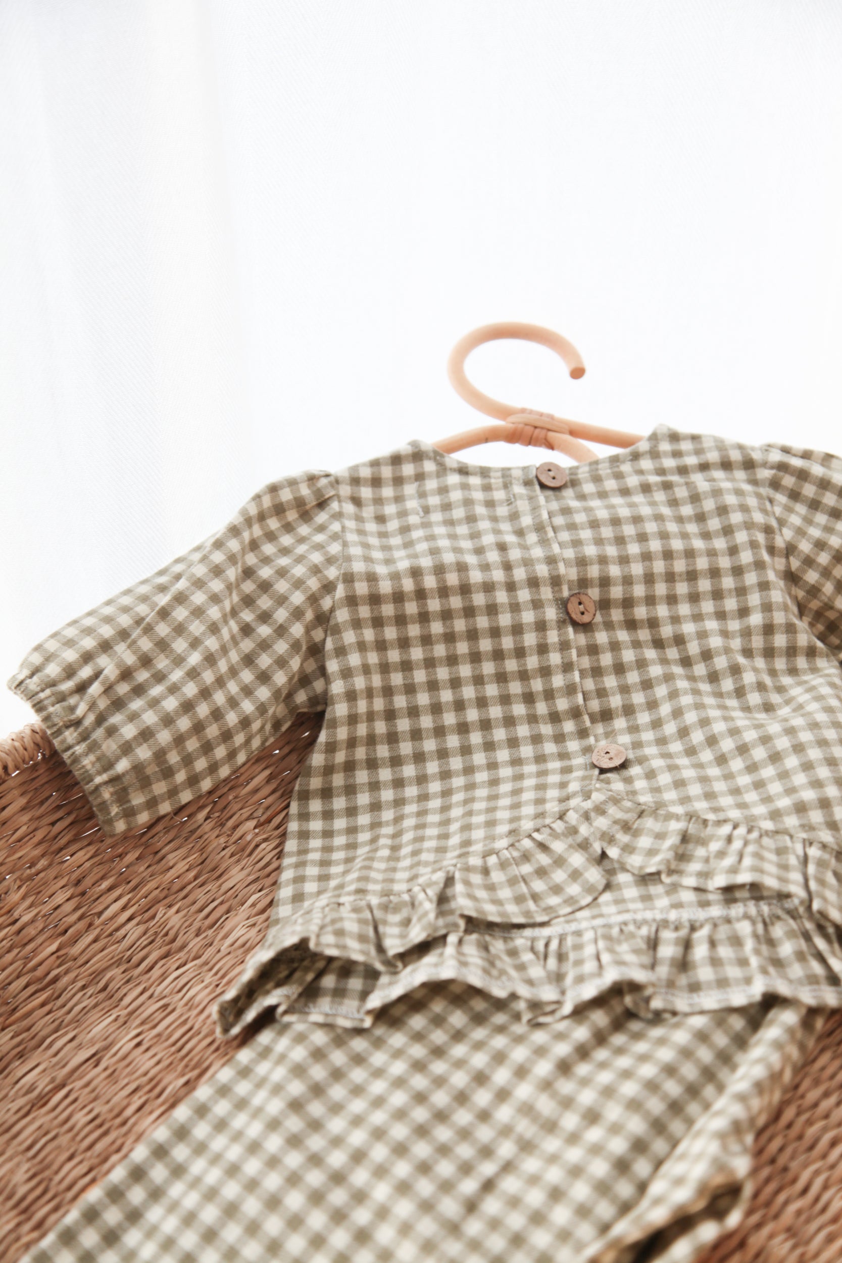 WHOLESALE Sage/Green Gingham Cotton Frill Button Back Top