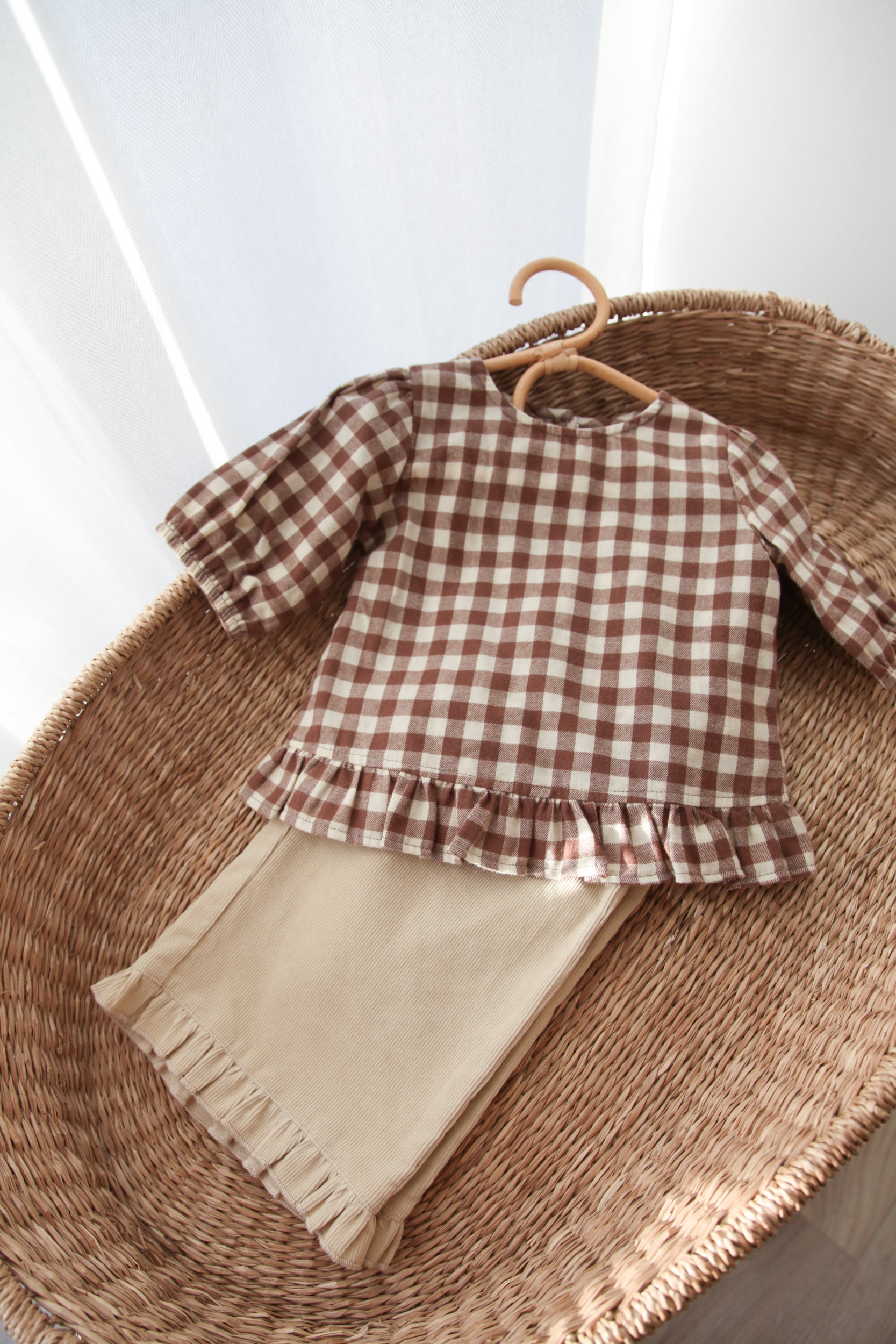 Brown/Check Cotton Button Back Frill Top