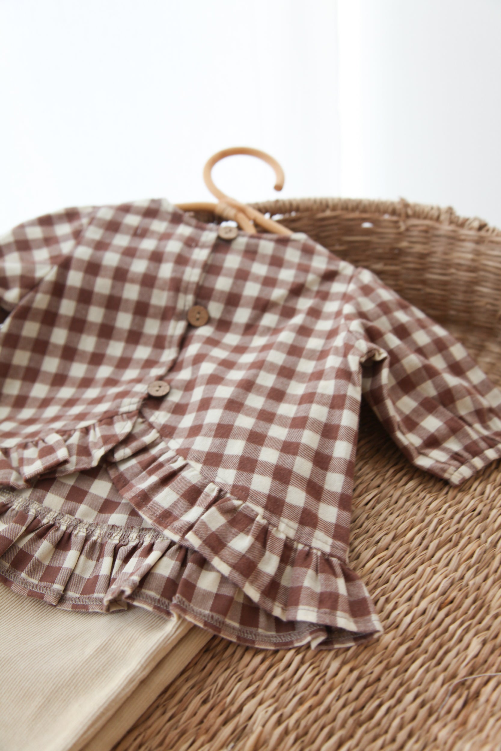 WHOLESALE Brown/Check Cotton Button Back Frill Top