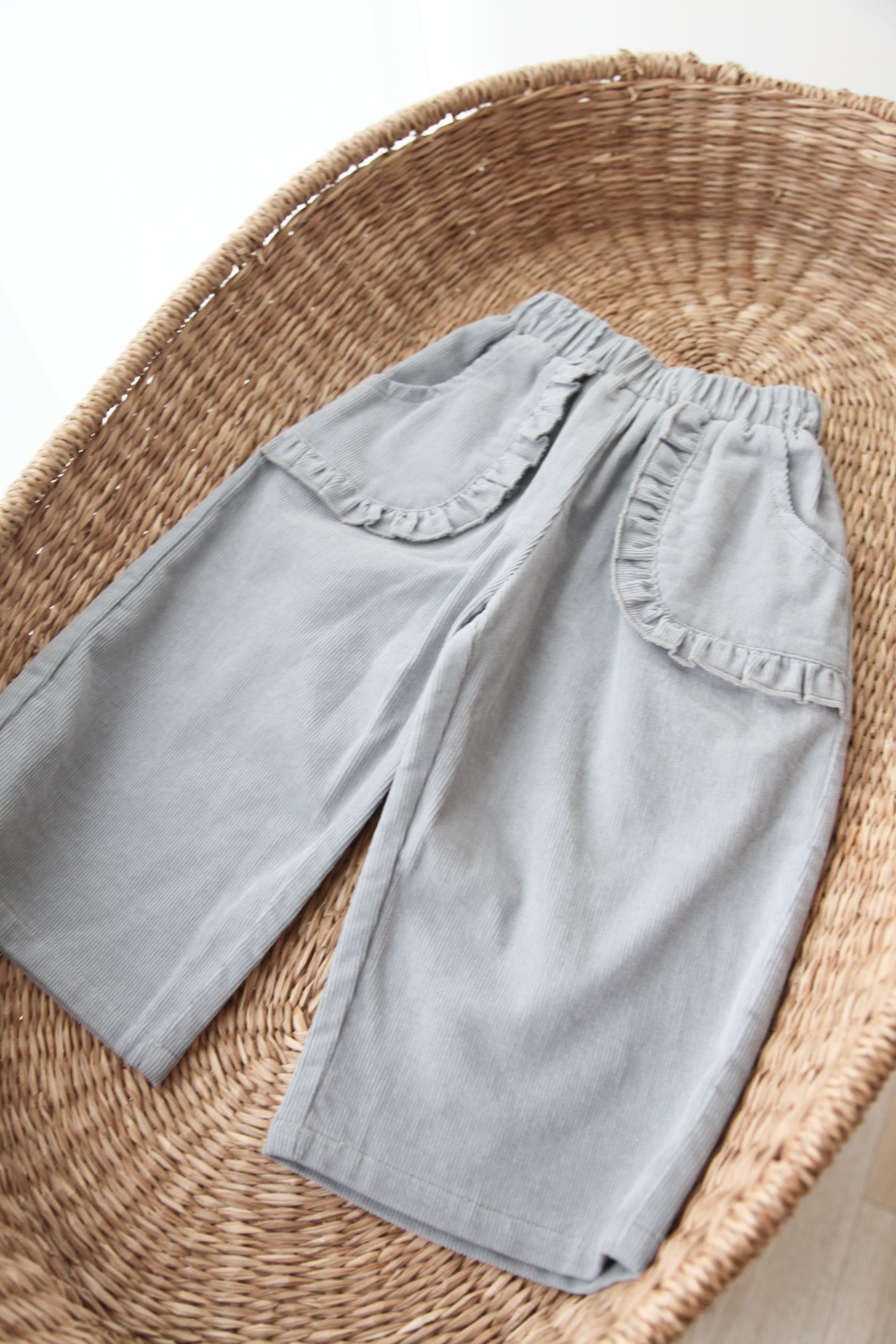 Dusky Blue/Cord Frill Pocket Wide Leg Trousers