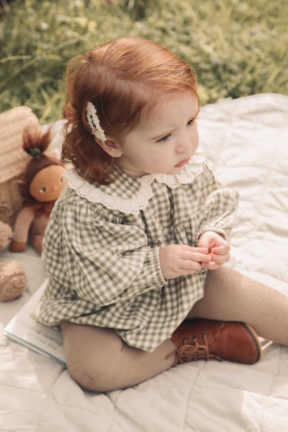 Sage Green/Gingham Frill Collar Romper
