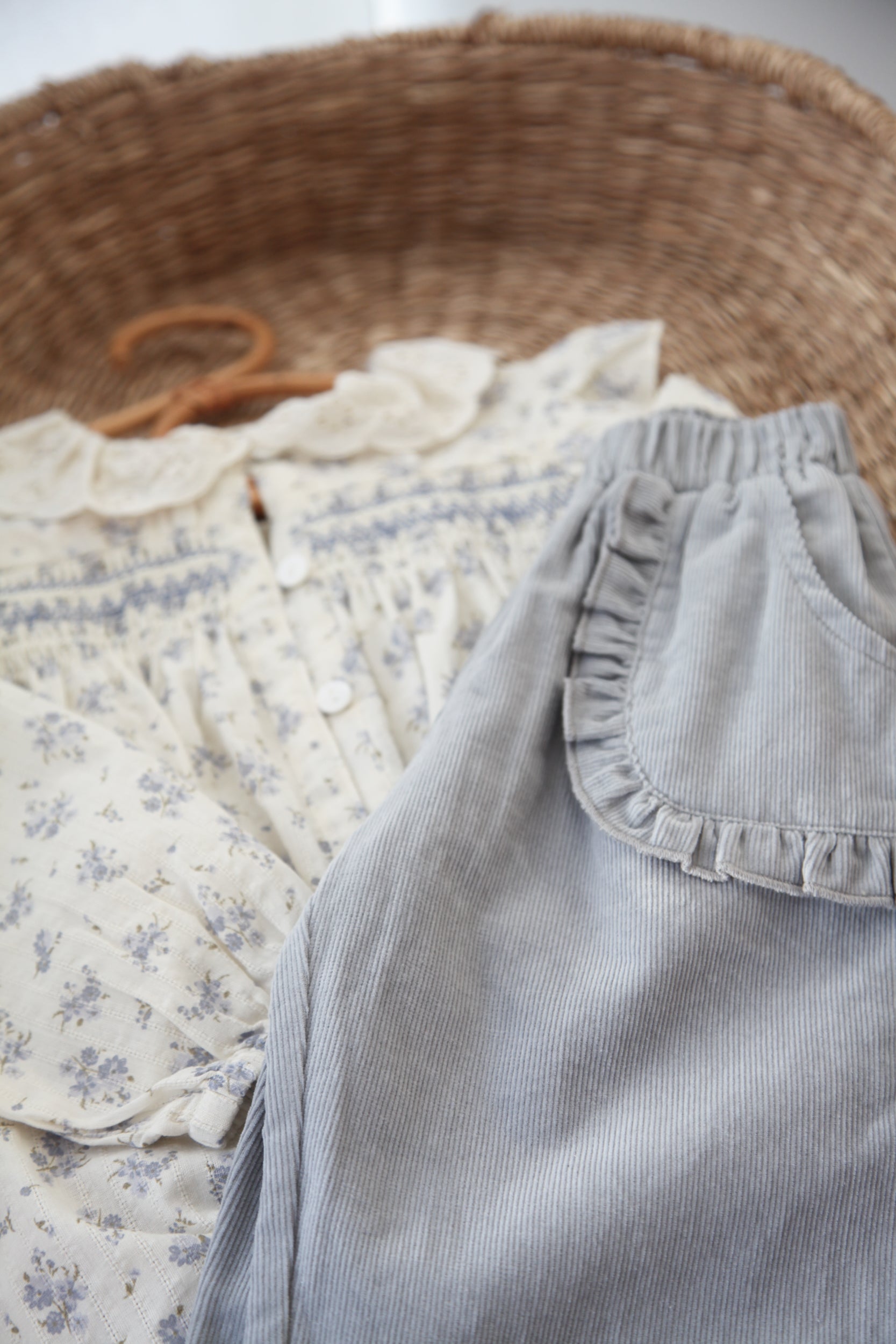 Dusky Blue/Cord Frill Pocket Wide Leg Trousers